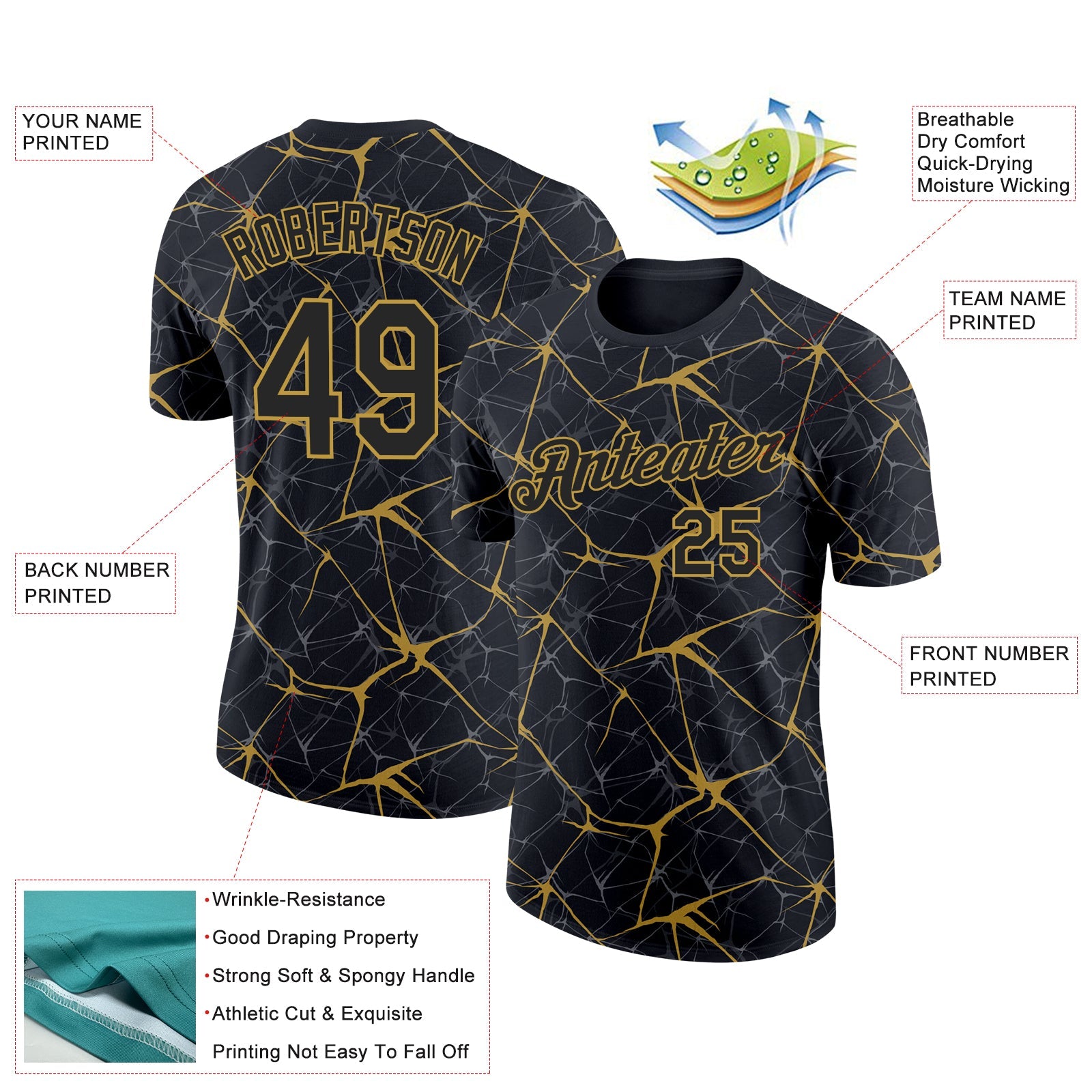Custom Black Old Gold 3D Pattern Design Abstract Network Performance T-Shirt view 2
