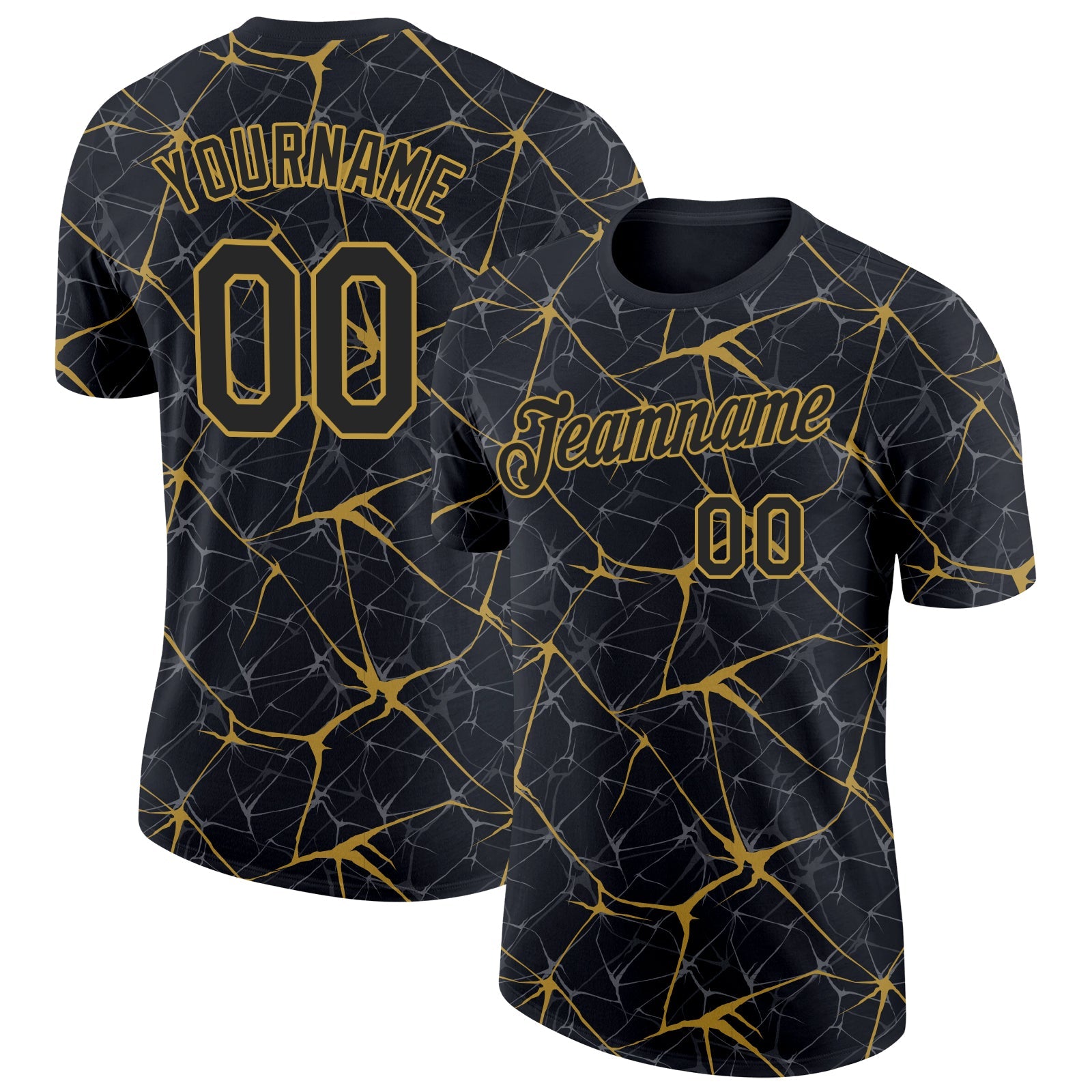 Custom Black Old Gold 3D Pattern Design Abstract Network Performance T-Shirt - Main View