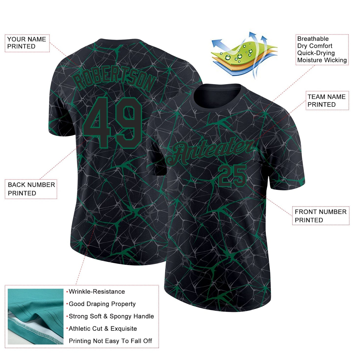 Custom Black Kelly Green 3D Pattern Design Abstract Network Performance T-Shirt view 2