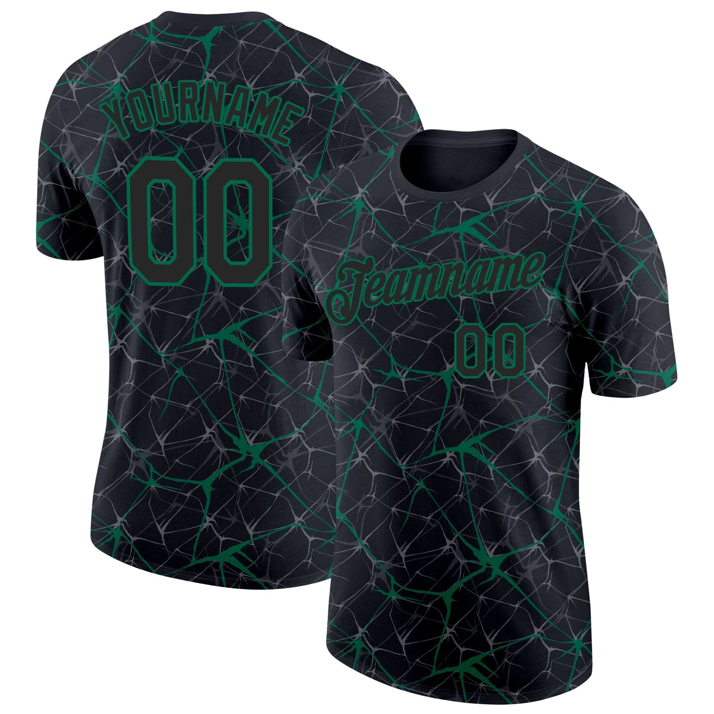 Custom Black Kelly Green 3D Pattern Design Abstract Network Performance T-Shirt - Main View