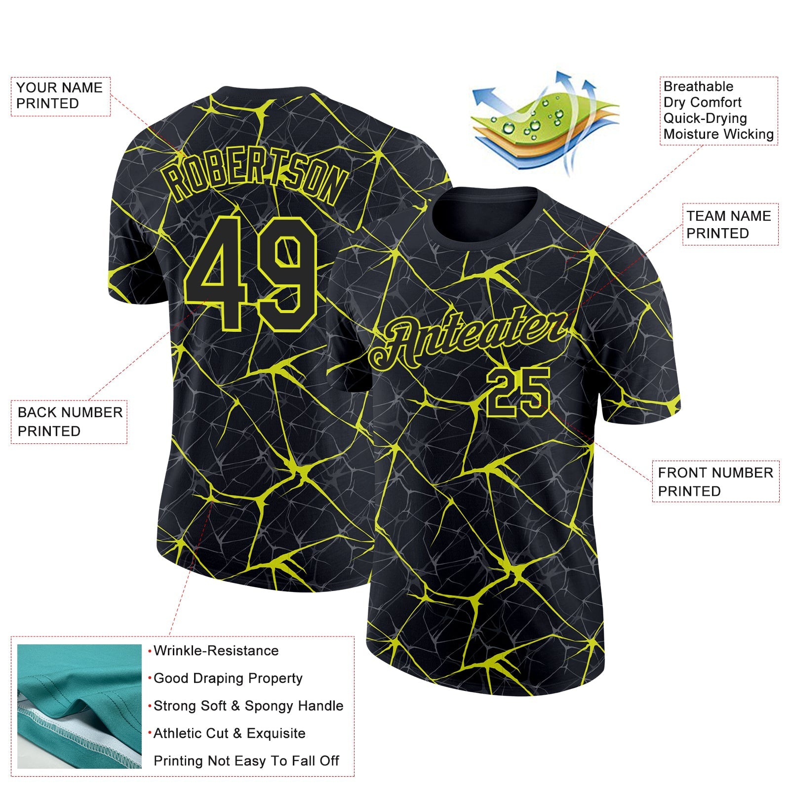 Custom Black Neon Yellow 3D Pattern Design Abstract Network Performance T-Shirt view 2
