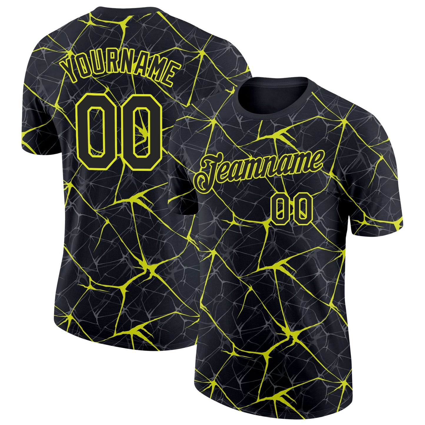 Custom Black Neon Yellow 3D Pattern Design Abstract Network Performance T-Shirt - Main View