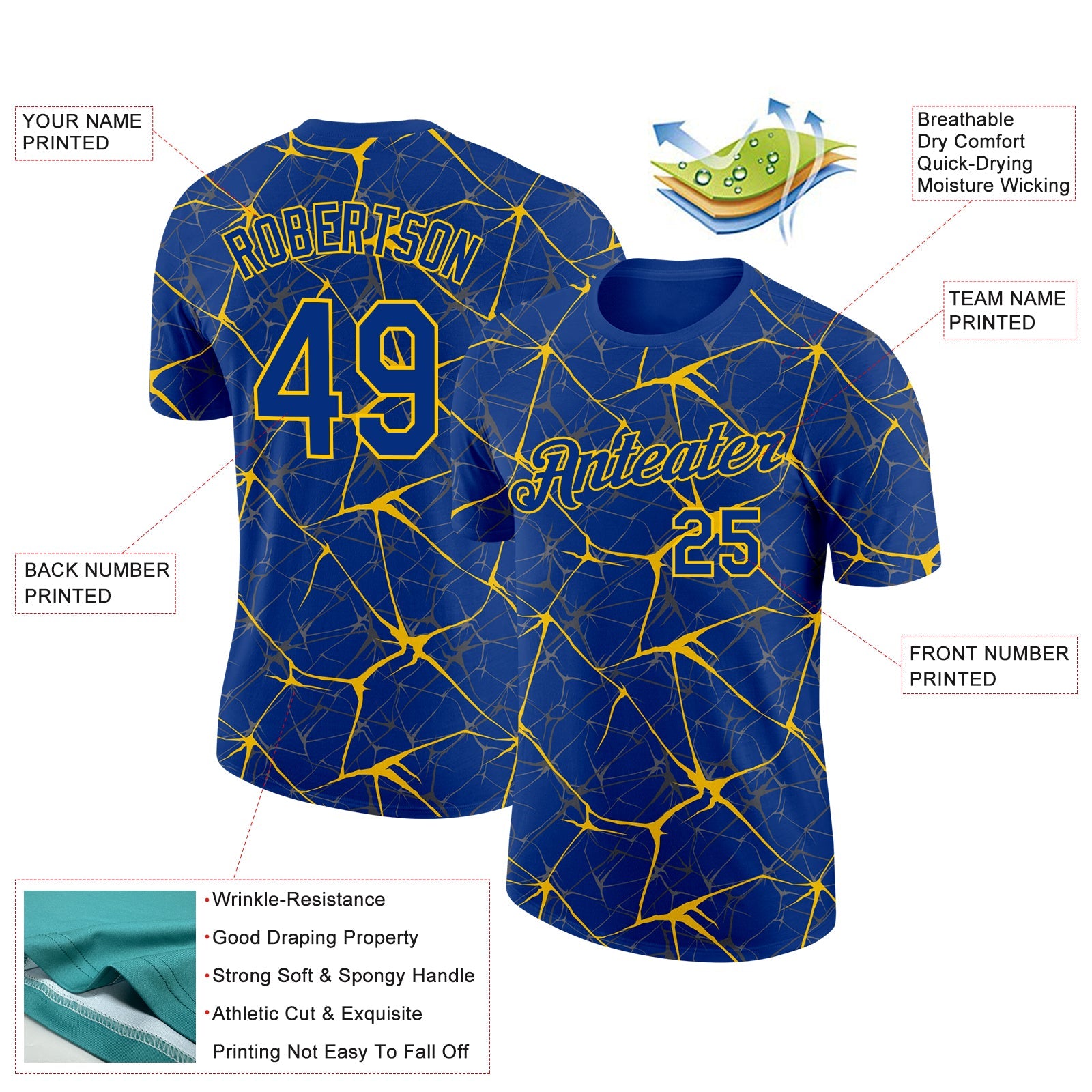 Custom Royal Yellow 3D Pattern Design Abstract Network Performance T-Shirt view 2