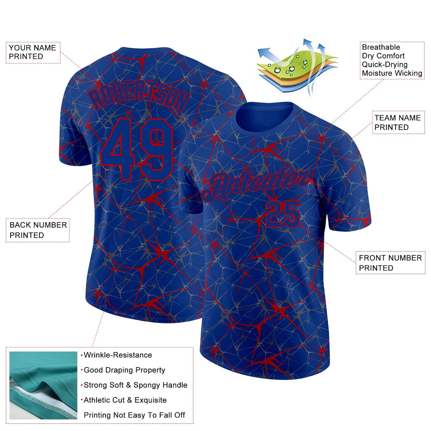 Custom Royal Red 3D Pattern Design Abstract Network Performance T-Shirt view 2
