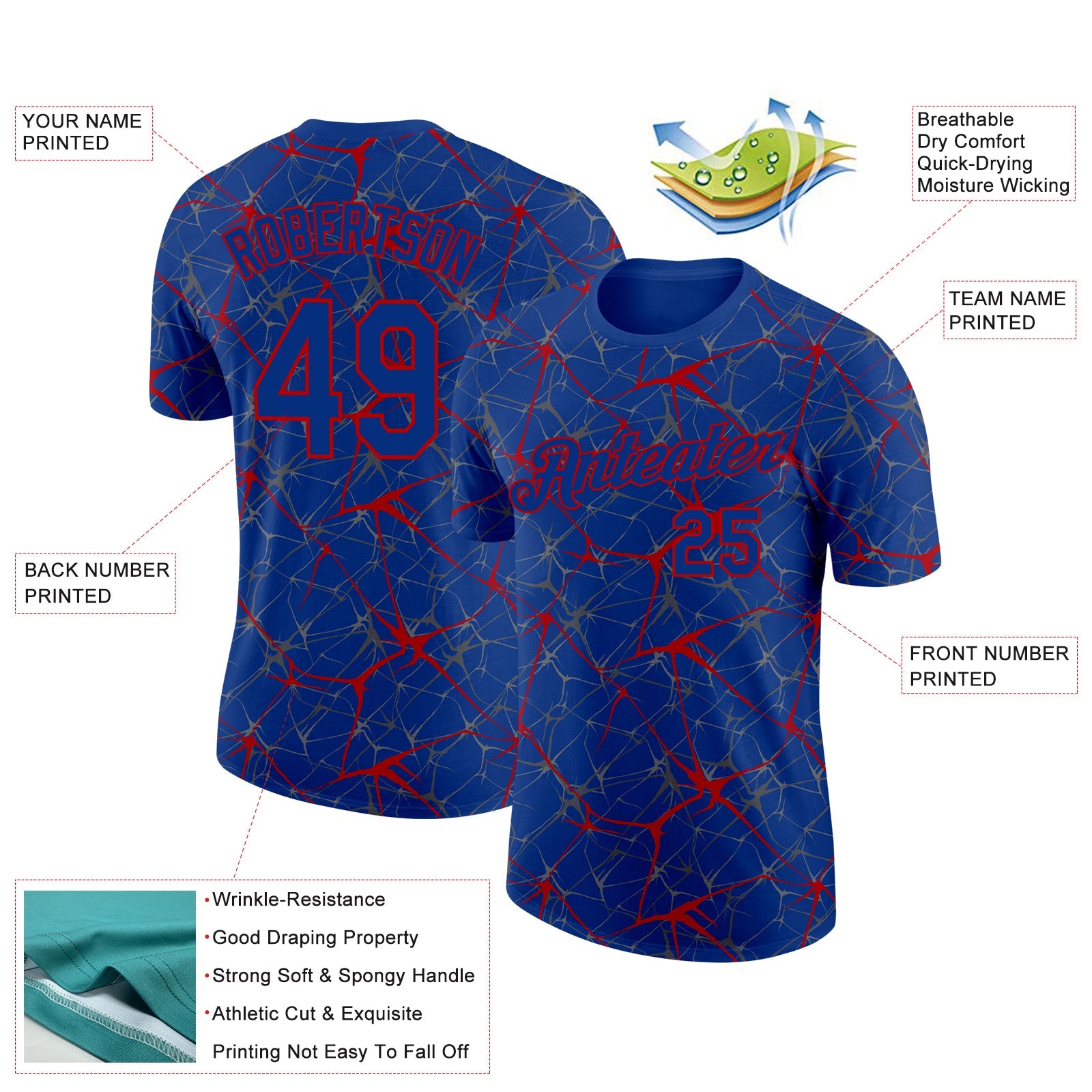 Custom Royal Red 3D Pattern Design Abstract Network Performance T-Shirt view 2