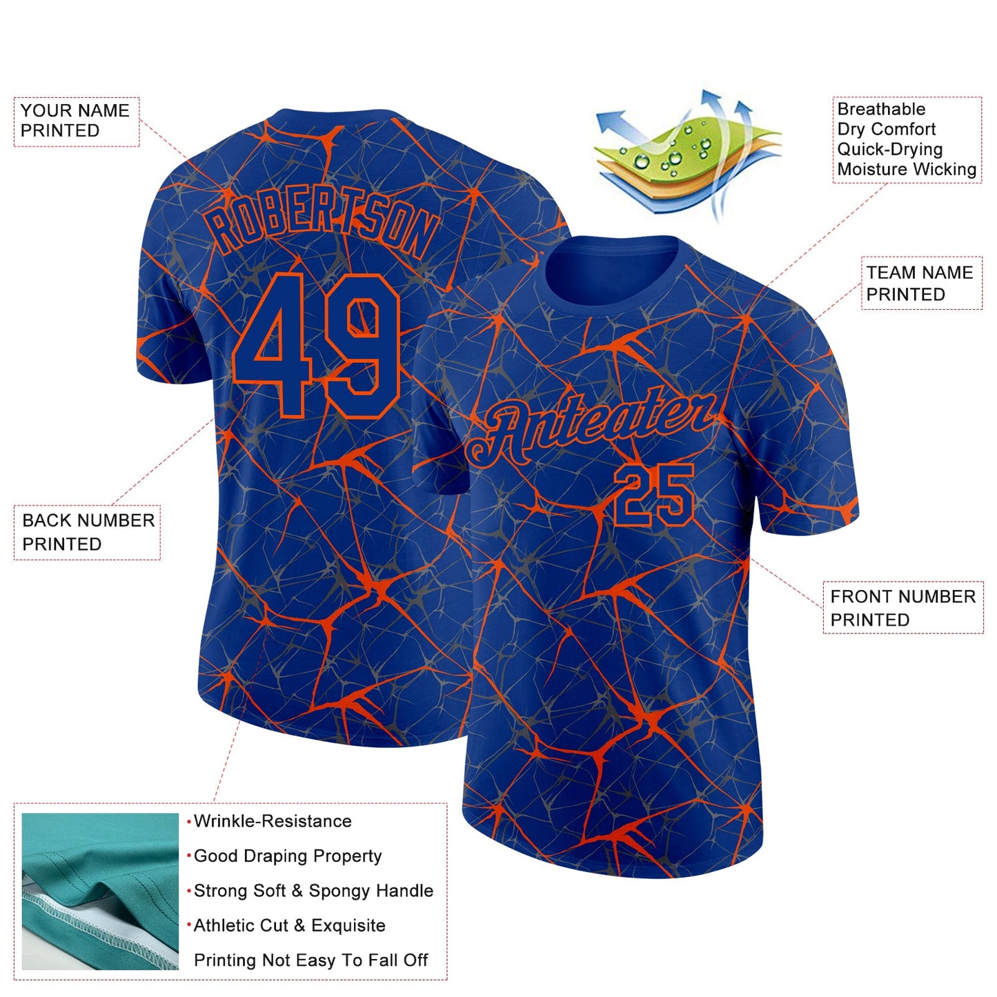 Custom Royal Orange 3D Pattern Design Abstract Network Performance T-Shirt view 2