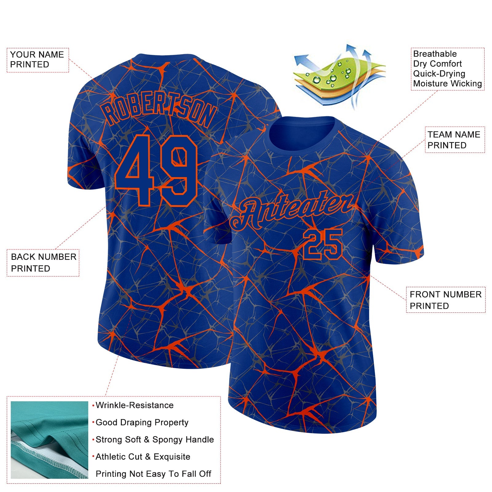 Custom Royal Orange 3D Pattern Design Abstract Network Performance T-Shirt view 2