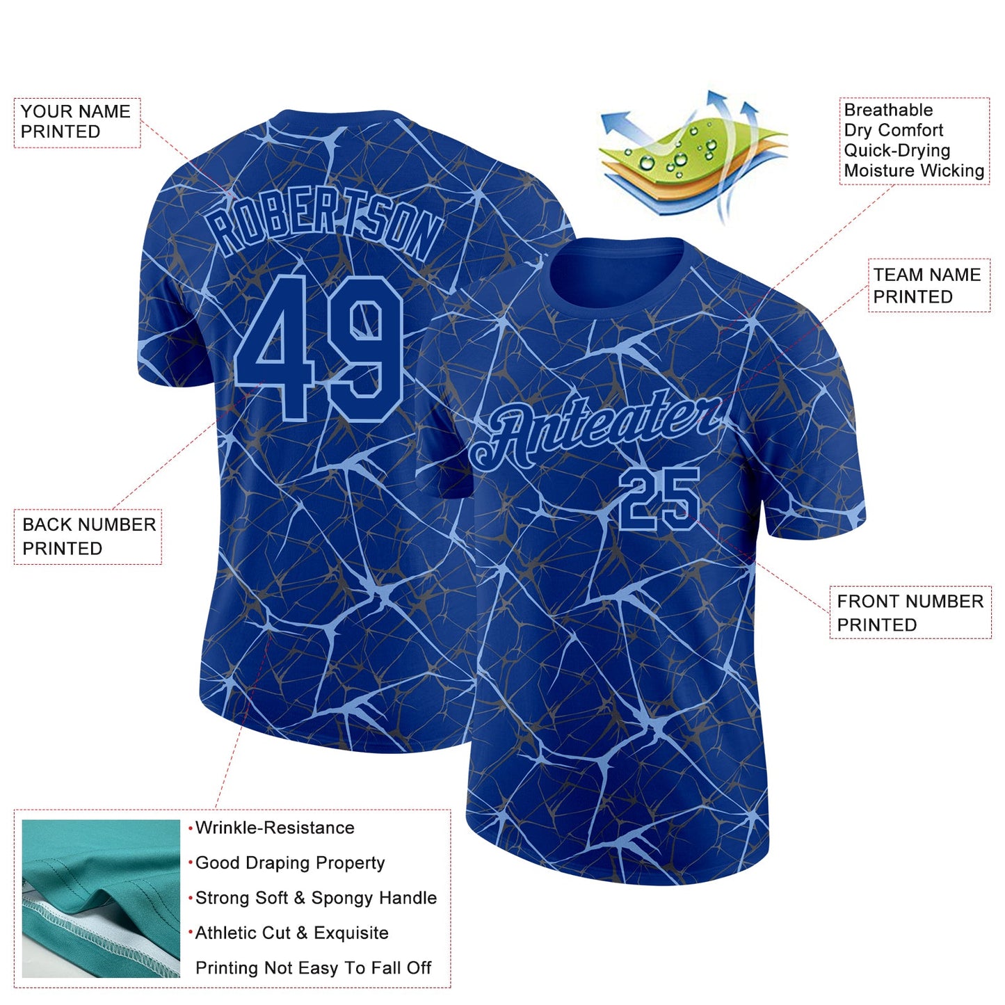 Custom Royal Light Blue 3D Pattern Design Abstract Network Performance T-Shirt view 2