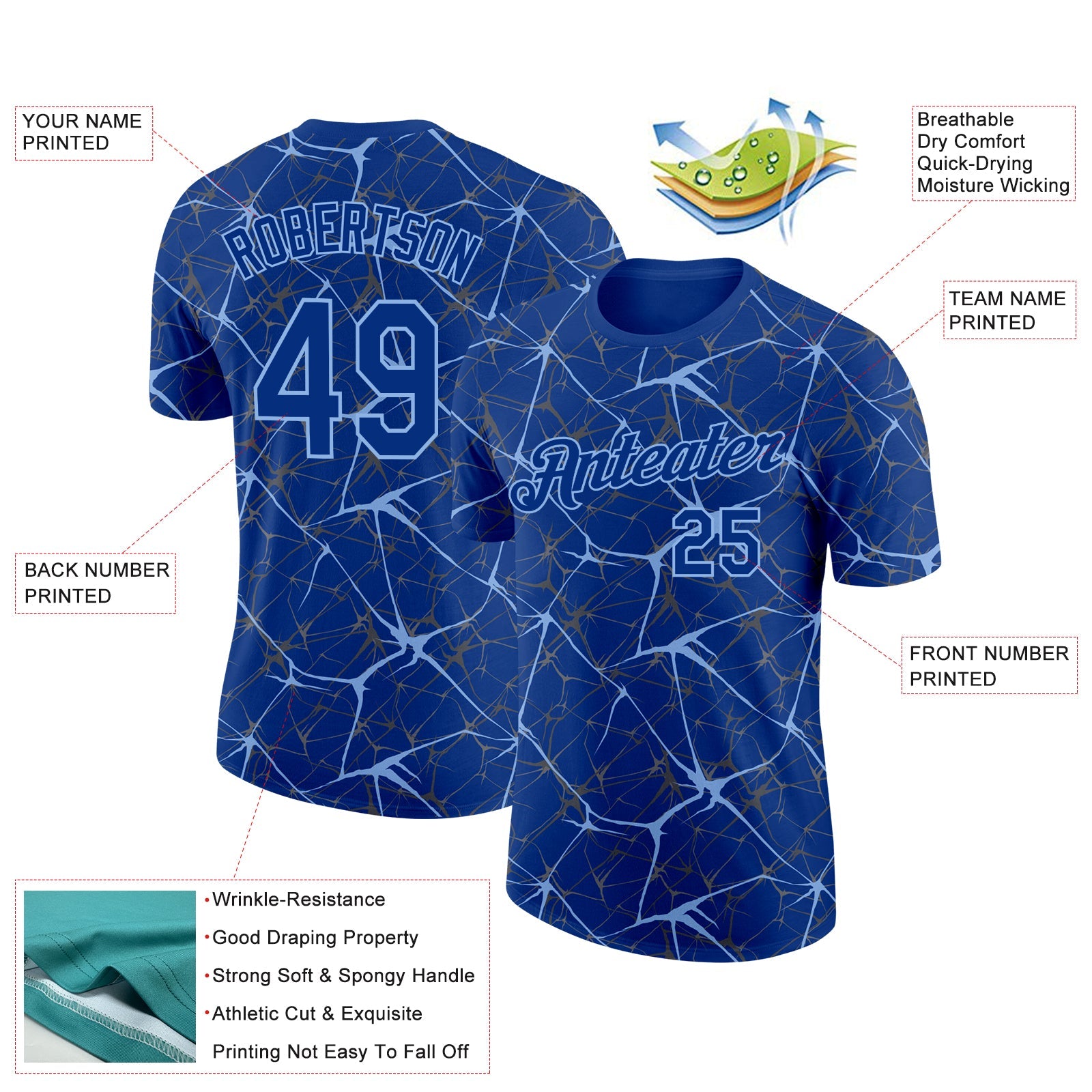 Custom Royal Light Blue 3D Pattern Design Abstract Network Performance T-Shirt view 2