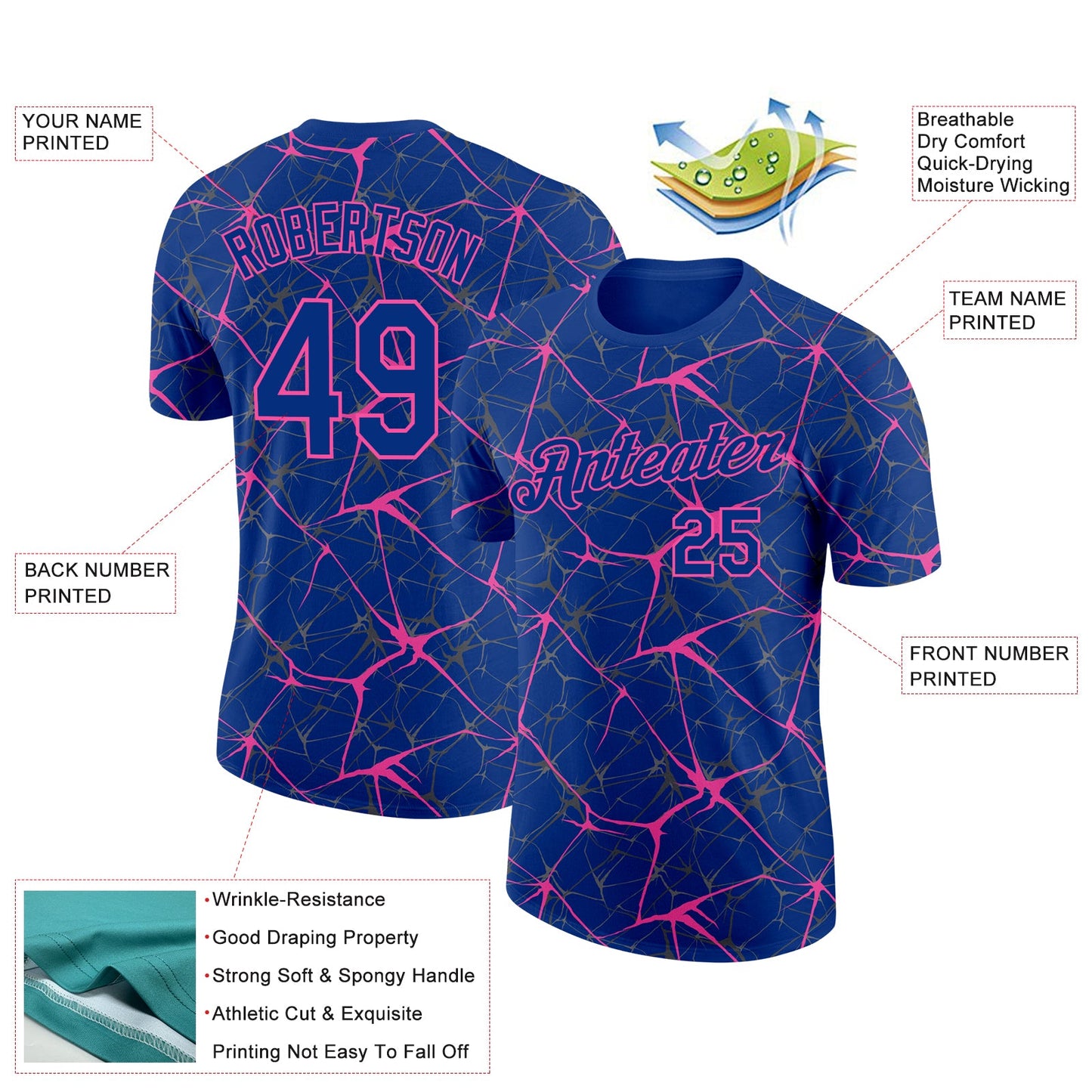 Custom Royal Pink 3D Pattern Design Abstract Network Performance T-Shirt view 2