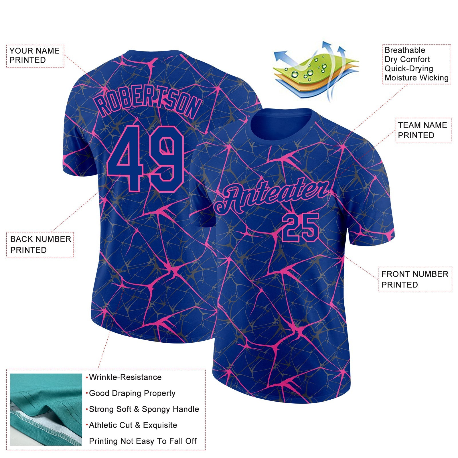 Custom Royal Pink 3D Pattern Design Abstract Network Performance T-Shirt view 2