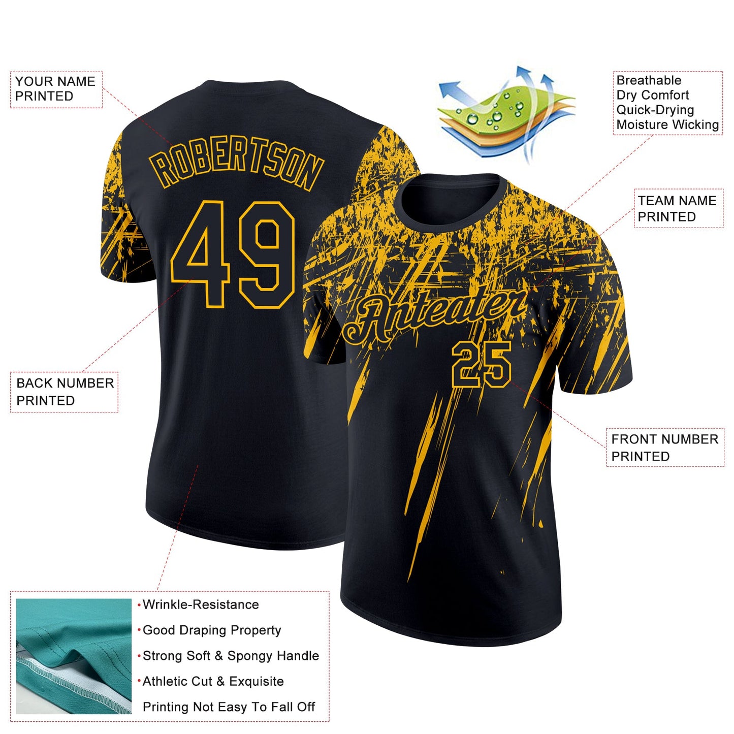 Custom Black Gold 3D Pattern Design Abstract Sharp Shape Performance T-Shirt view 2