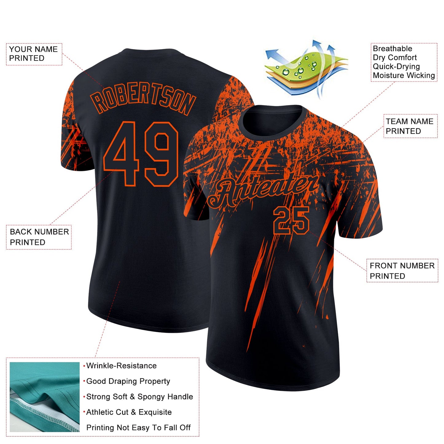 Custom Black Orange 3D Pattern Design Abstract Sharp Shape Performance T-Shirt view 2