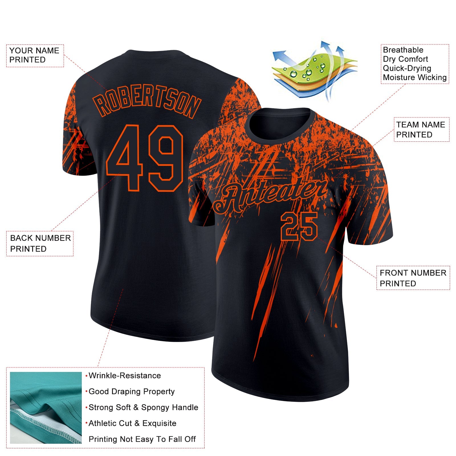 Custom Black Orange 3D Pattern Design Abstract Sharp Shape Performance T-Shirt view 2