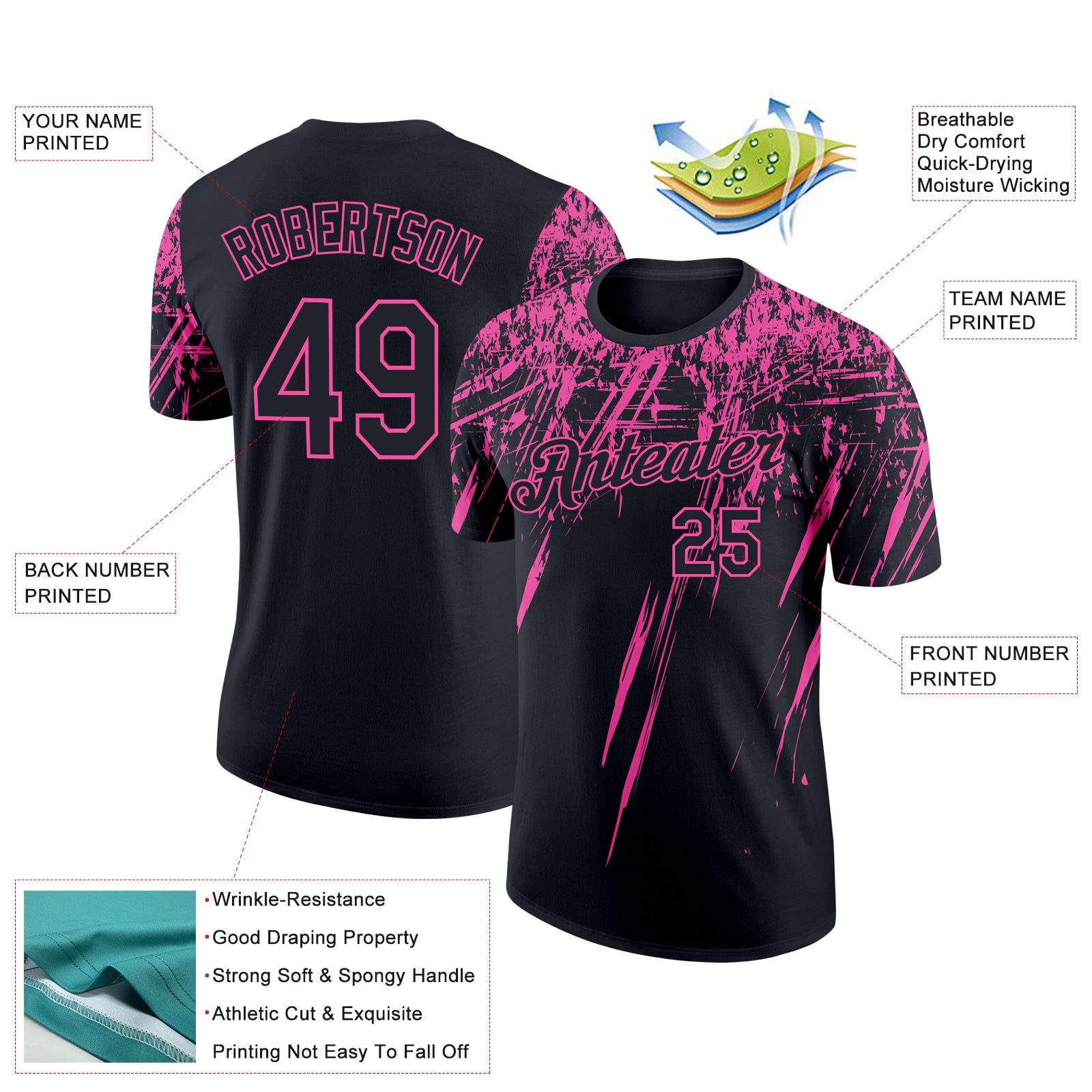Custom Black Pink 3D Pattern Design Abstract Sharp Shape Performance T-Shirt view 2