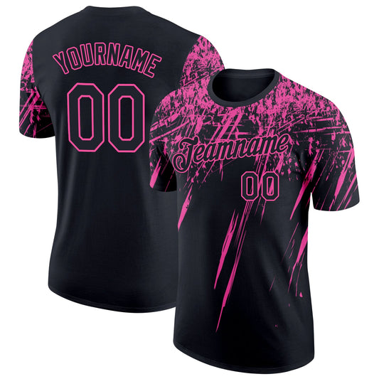 Custom Black Pink 3D Pattern Design Abstract Sharp Shape Performance T-Shirt - Main View