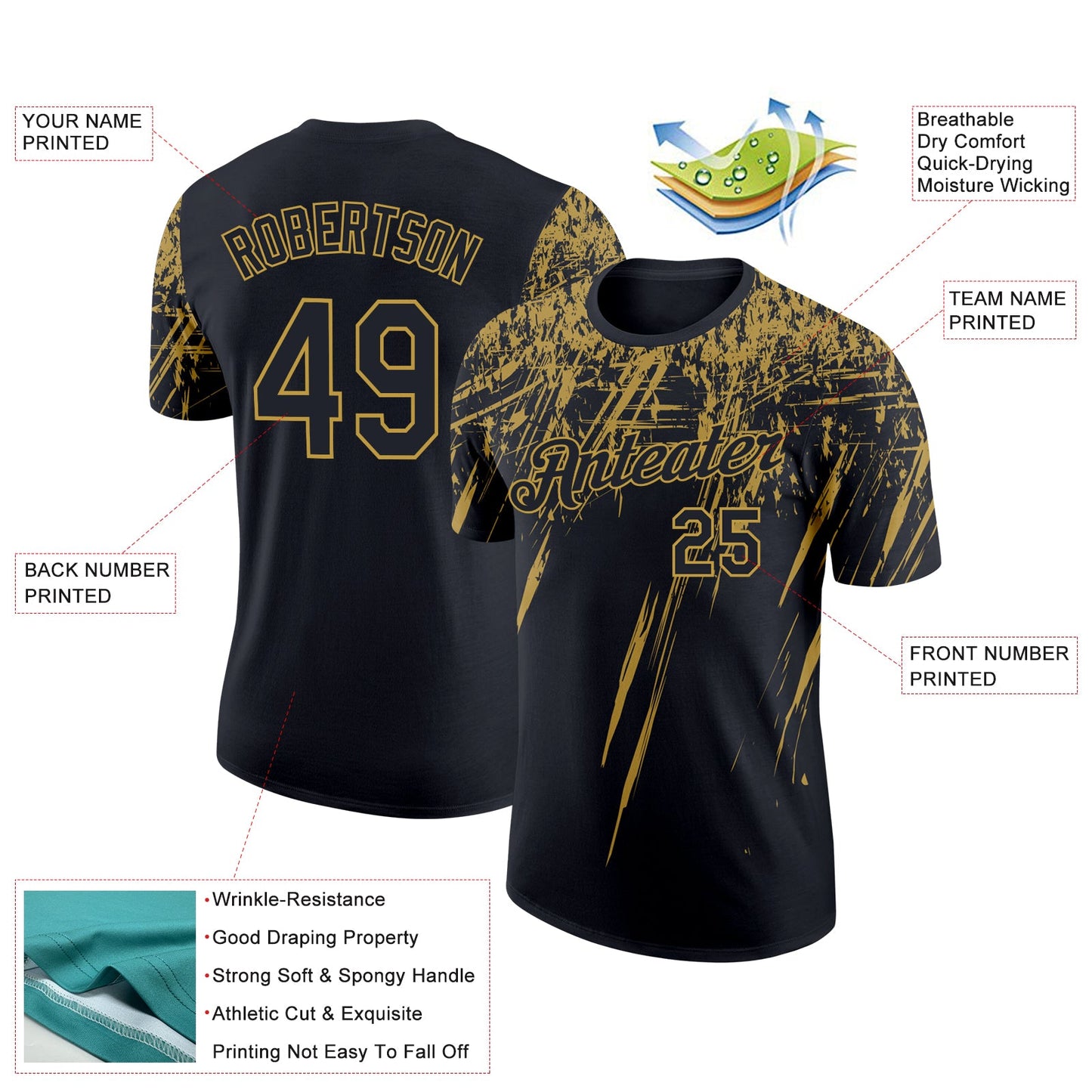 Custom Black Old Gold 3D Pattern Design Abstract Sharp Shape Performance T-Shirt view 2