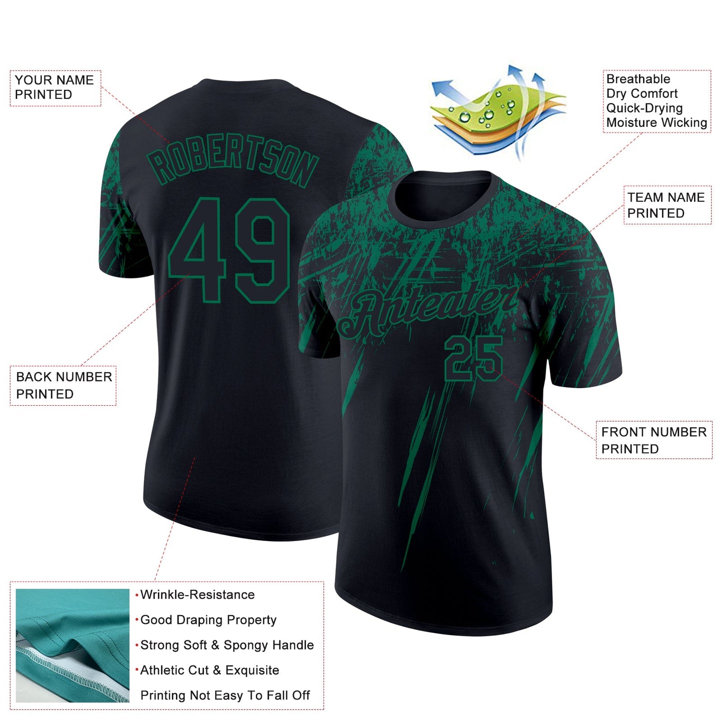 Custom Black Kelly Green 3D Pattern Design Abstract Sharp Shape Performance T-Shirt view 2