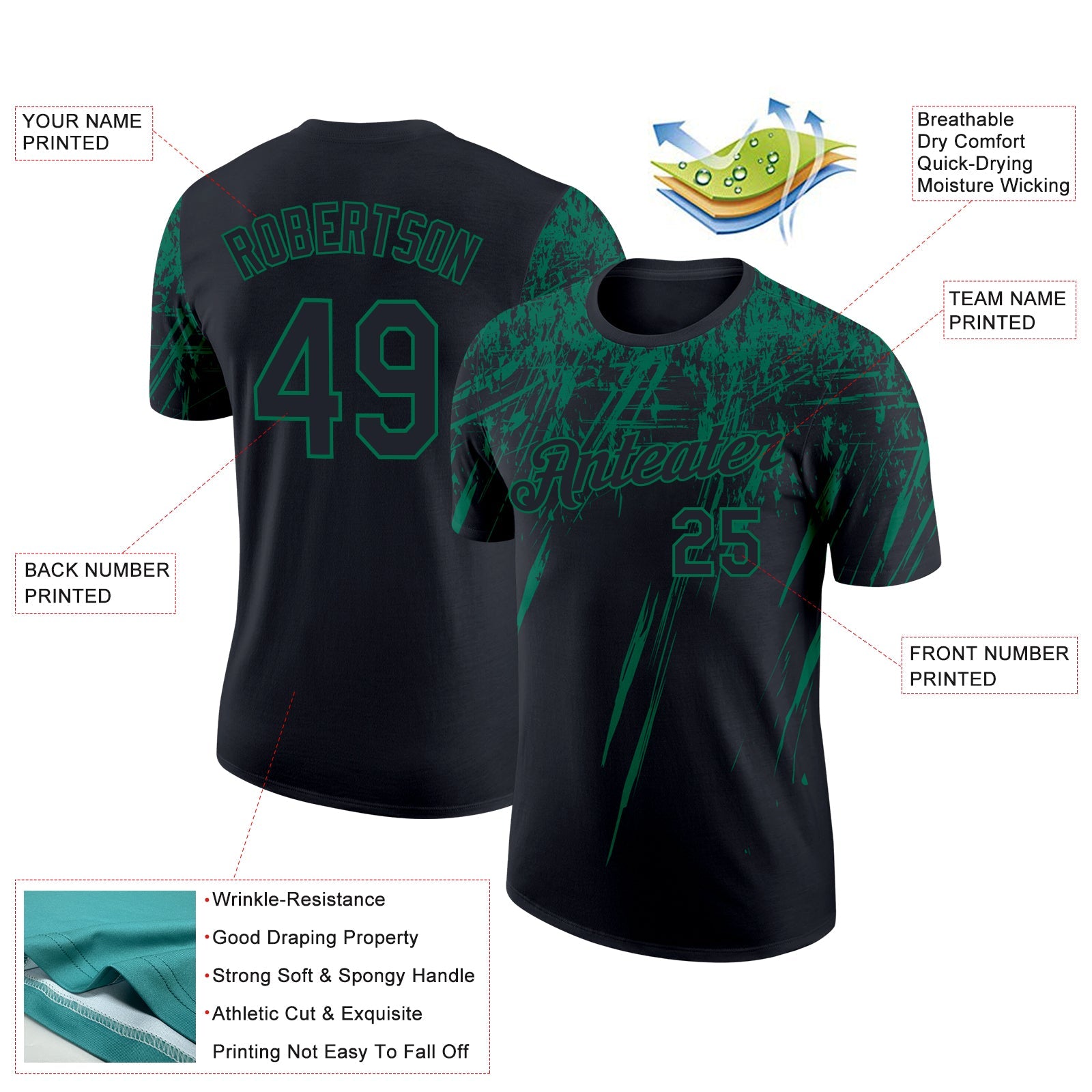 Custom Black Kelly Green 3D Pattern Design Abstract Sharp Shape Performance T-Shirt view 2