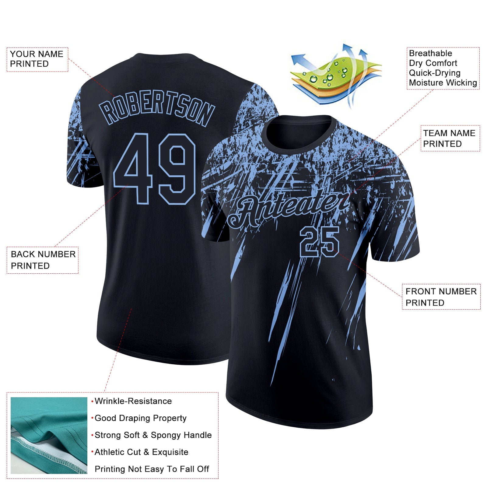 Custom Black Light Blue 3D Pattern Design Abstract Sharp Shape Performance T-Shirt view 2