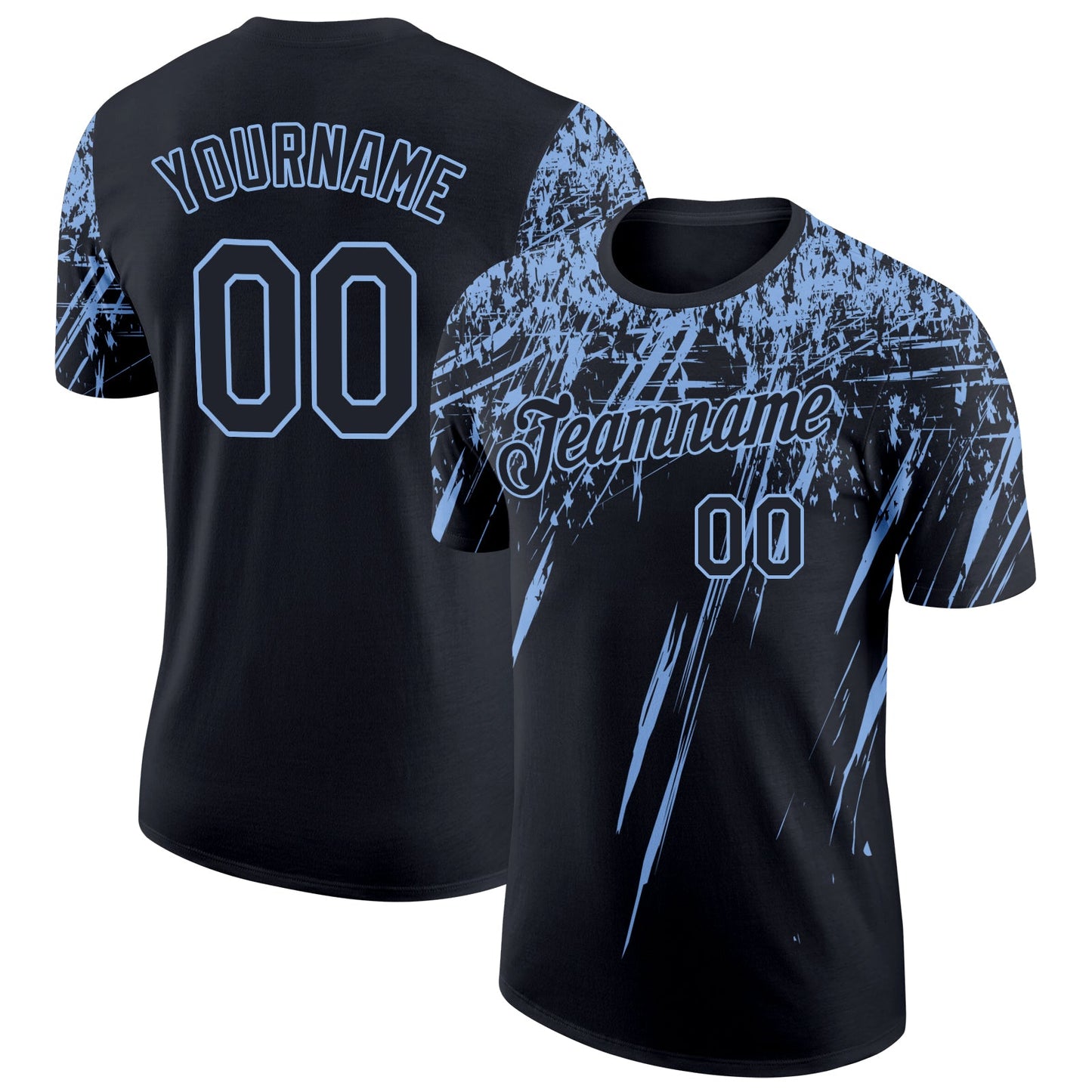 Custom Black Light Blue 3D Pattern Design Abstract Sharp Shape Performance T-Shirt - Main View