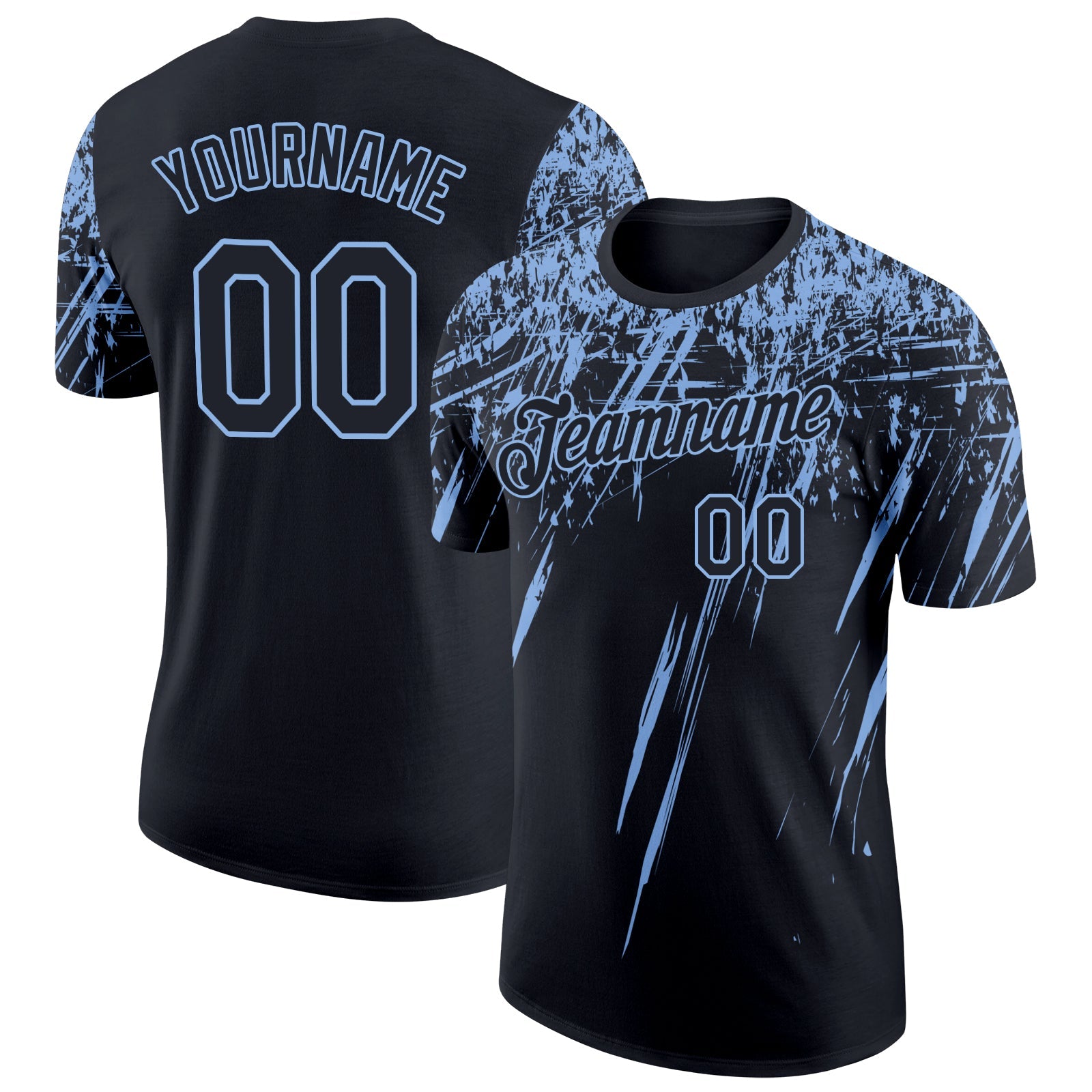 Custom Black Light Blue 3D Pattern Design Abstract Sharp Shape Performance T-Shirt - Main View