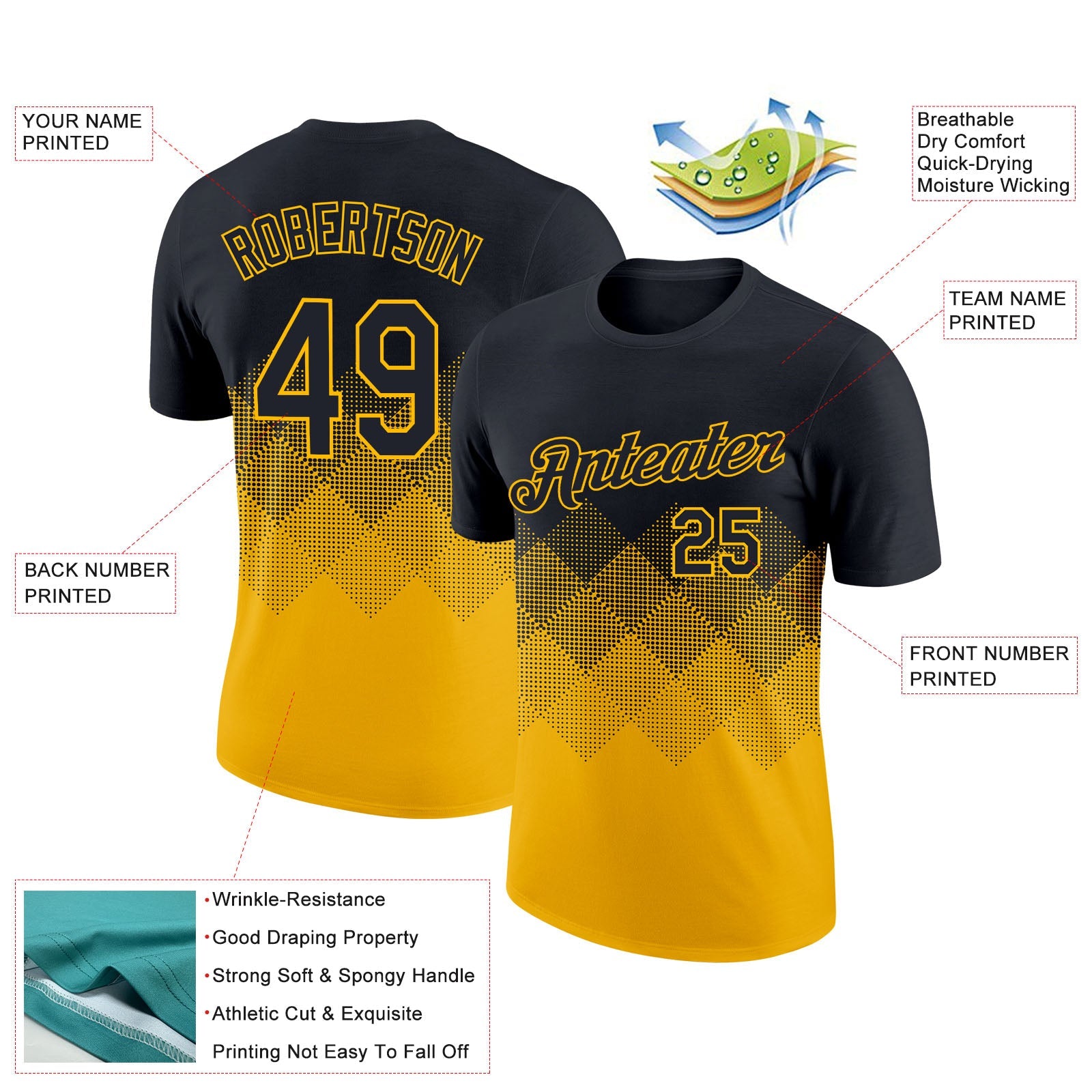 Custom Black Gold 3D Pattern Design Gradient Square Shapes Performance T-Shirt view 2