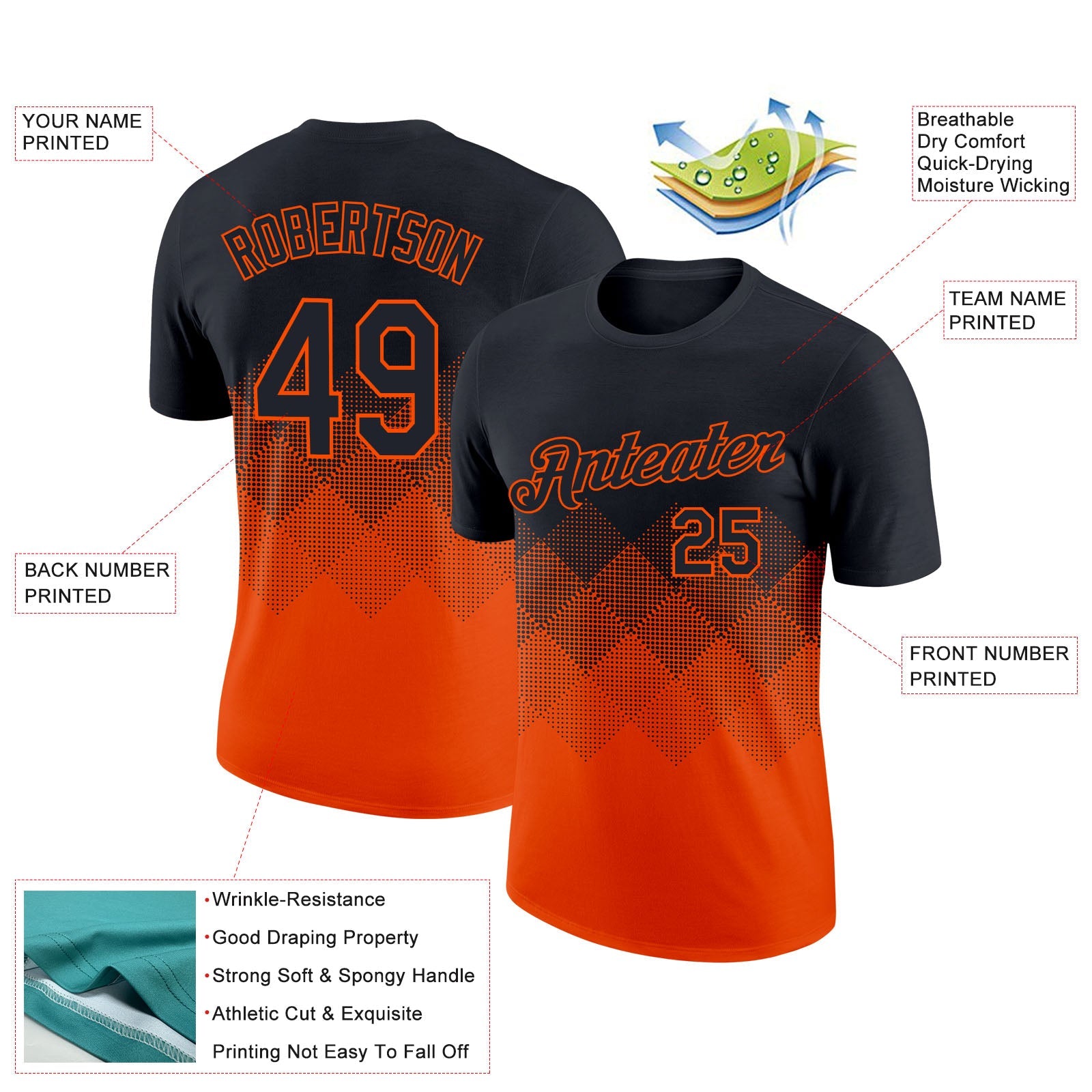 Custom Black Orange 3D Pattern Design Gradient Square Shapes Performance T-Shirt view 2