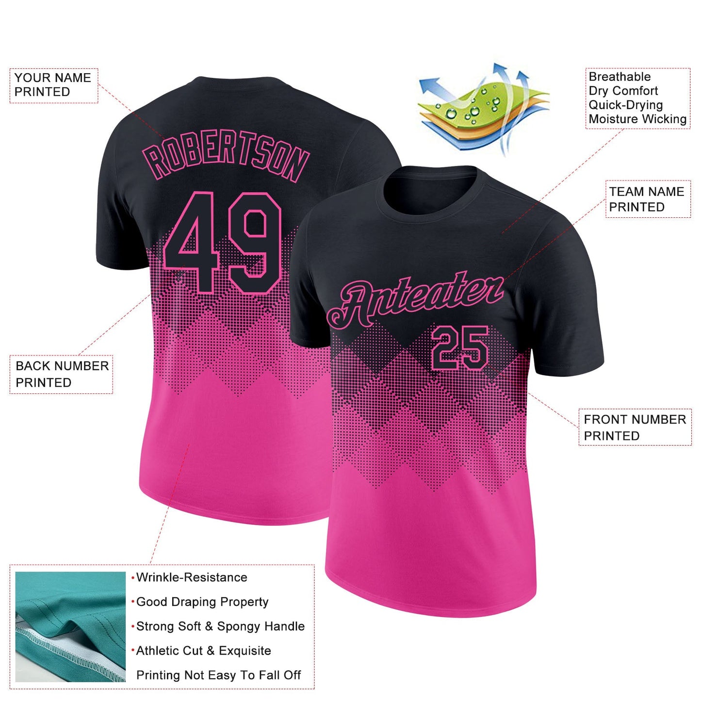 Custom Black Pink 3D Pattern Design Gradient Square Shapes Performance T-Shirt view 2