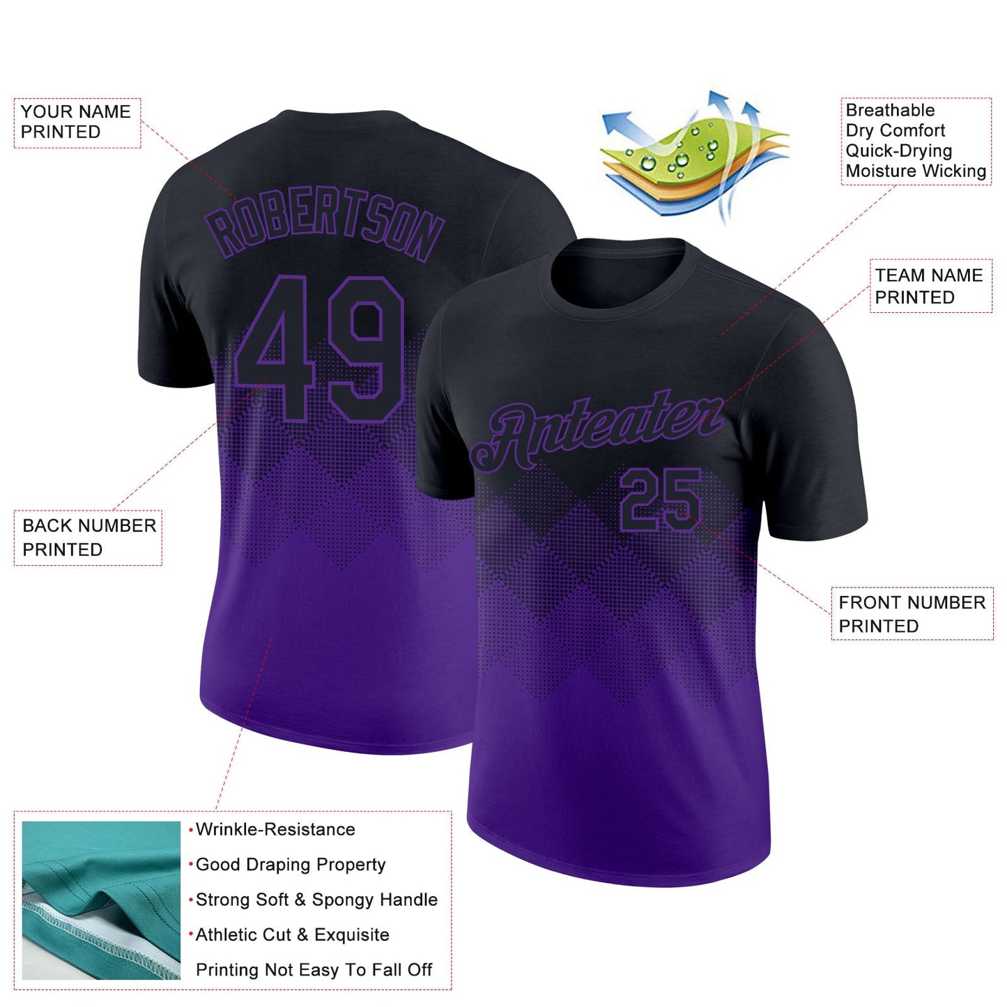 Custom Black Purple 3D Pattern Design Gradient Square Shapes Performance T-Shirt view 2