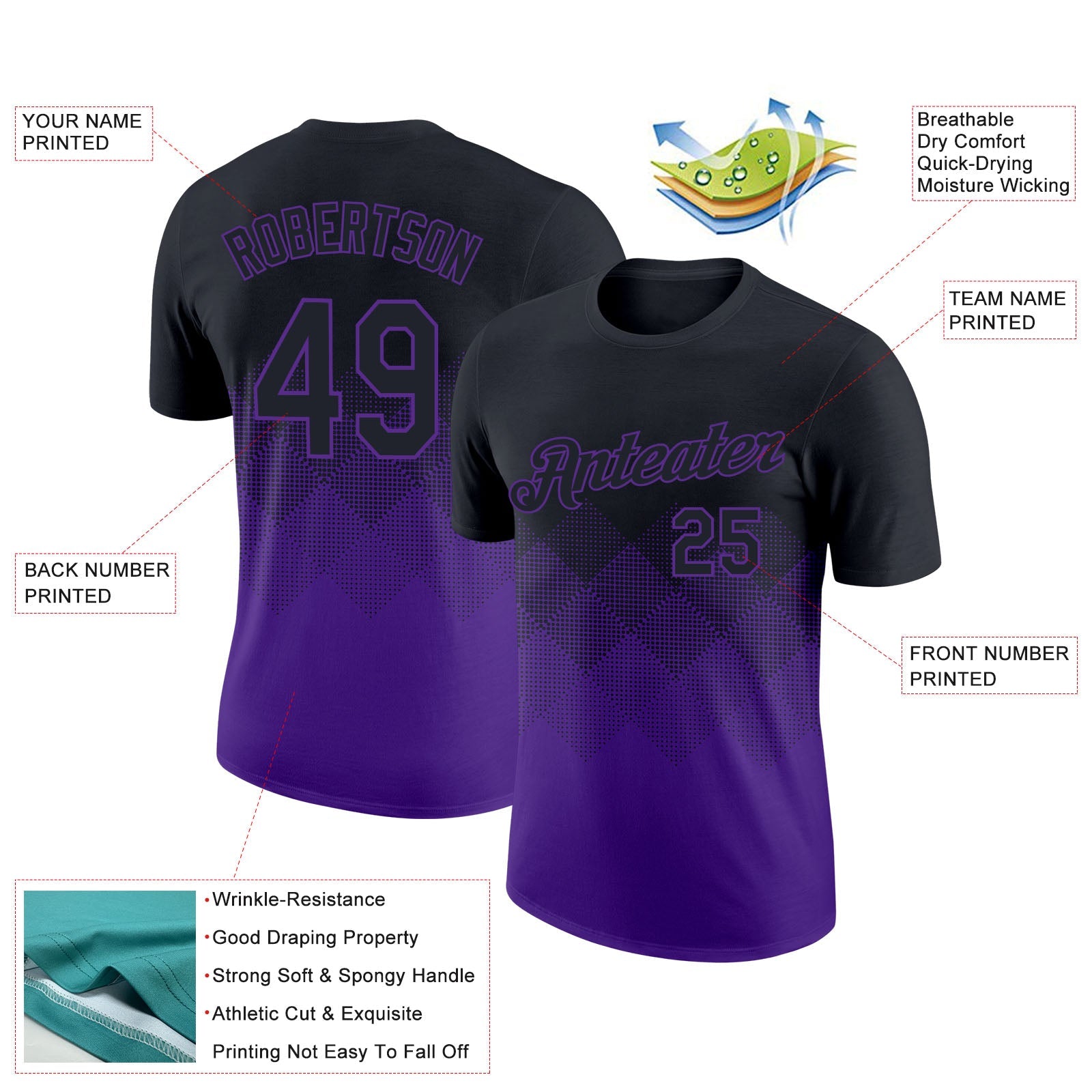 Custom Black Purple 3D Pattern Design Gradient Square Shapes Performance T-Shirt view 2