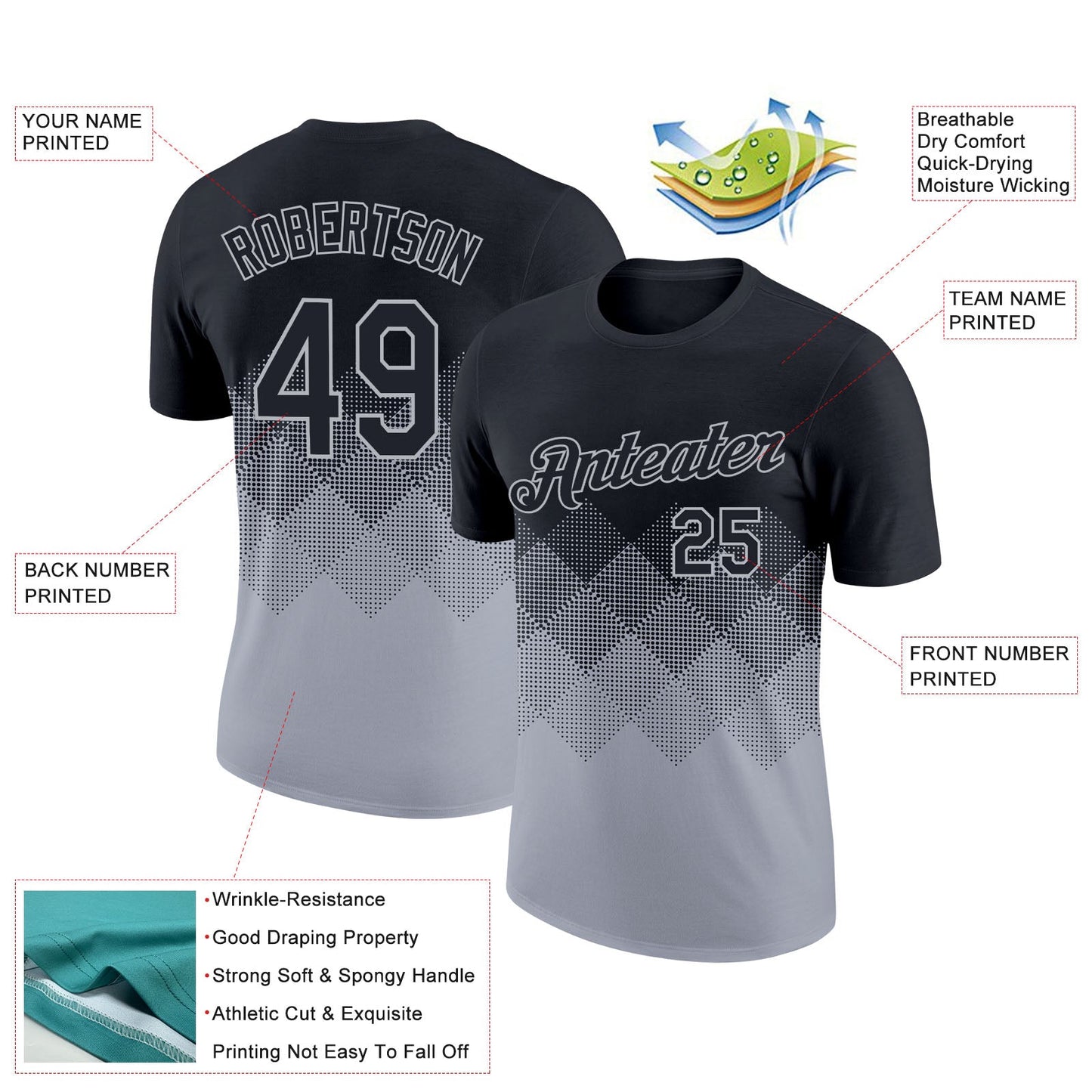 Custom Black Gray 3D Pattern Design Gradient Square Shapes Performance T-Shirt view 2