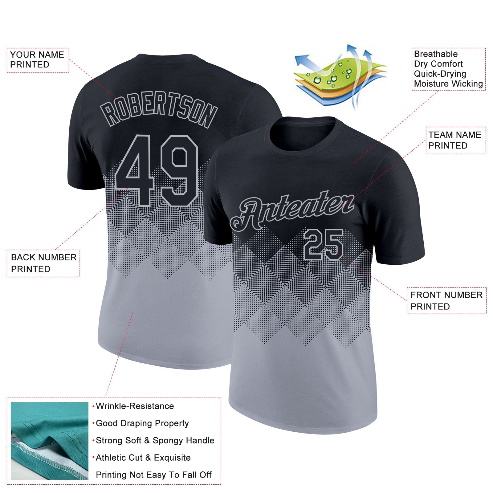 Custom Black Gray 3D Pattern Design Gradient Square Shapes Performance T-Shirt view 2