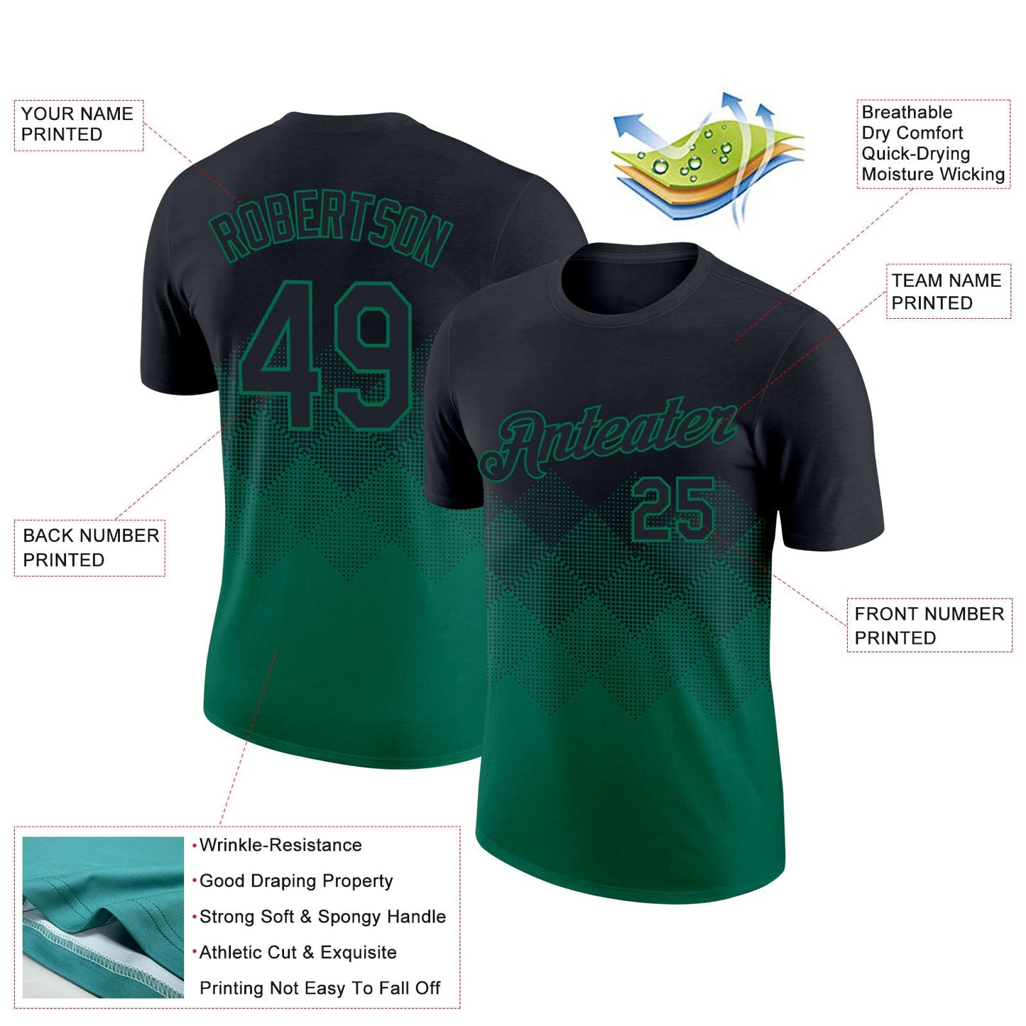 Custom Black Kelly Green 3D Pattern Design Gradient Square Shapes Performance T-Shirt view 2
