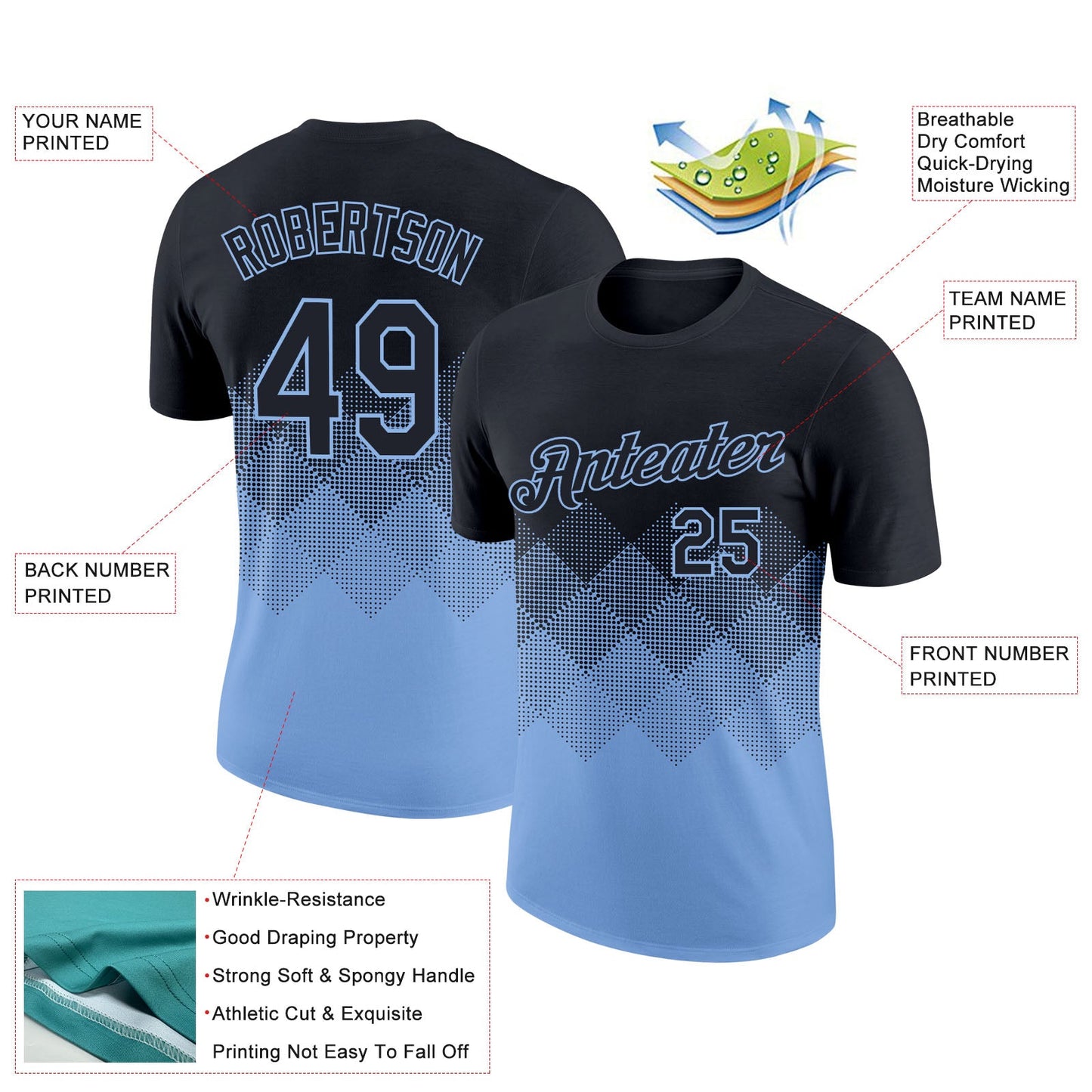 Custom Black Light Blue 3D Pattern Design Gradient Square Shapes Performance T-Shirt view 2