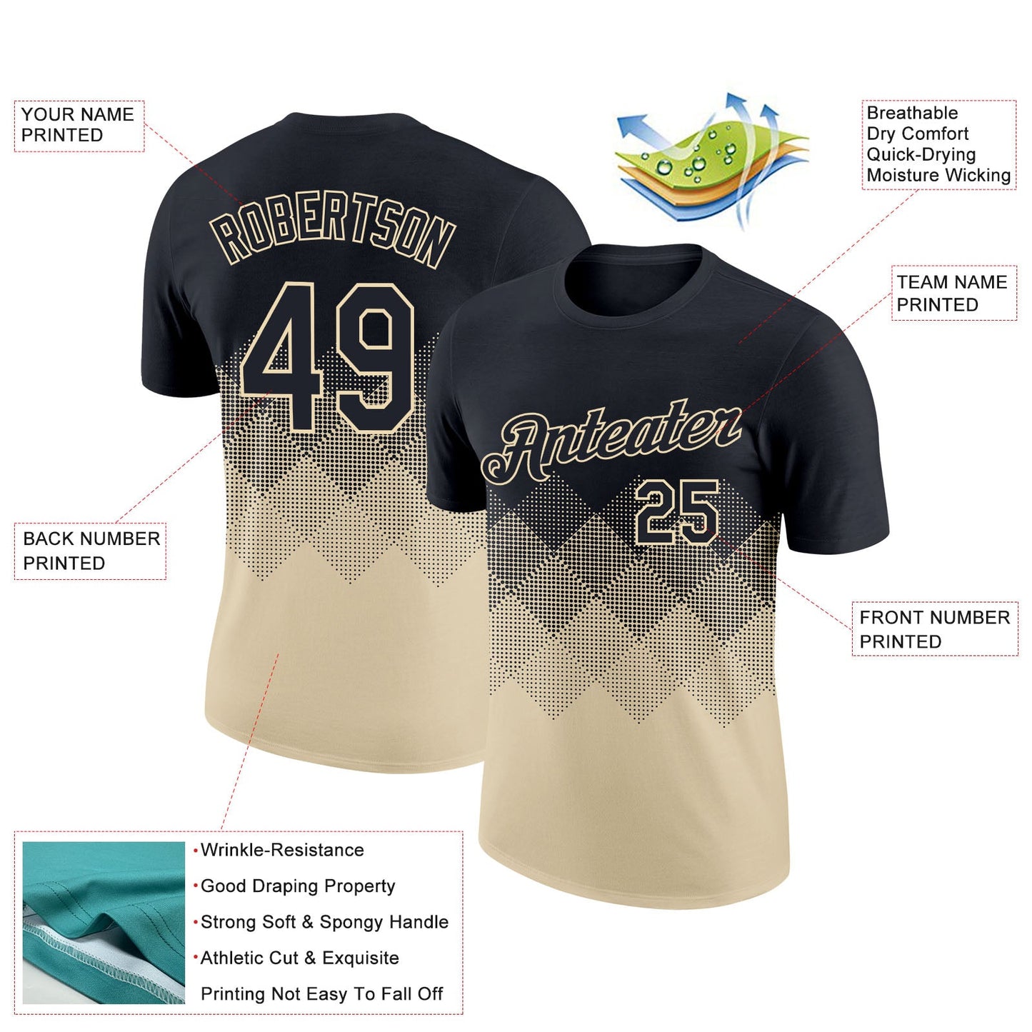 Custom Black Cream 3D Pattern Design Gradient Square Shapes Performance T-Shirt view 2