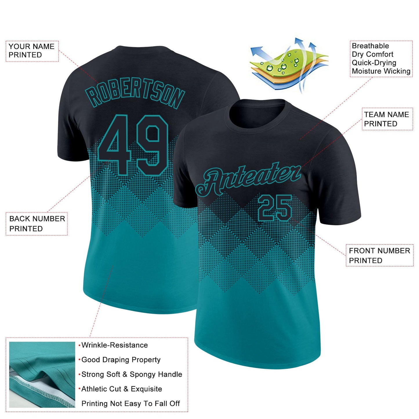 Custom Black Teal 3D Pattern Design Gradient Square Shapes Performance T-Shirt view 2