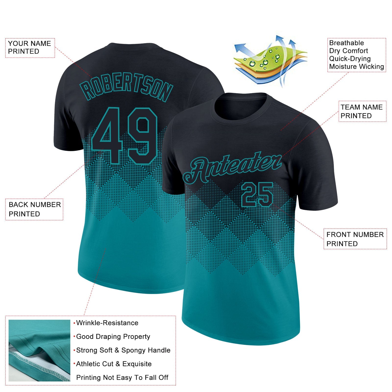 Custom Black Teal 3D Pattern Design Gradient Square Shapes Performance T-Shirt view 2