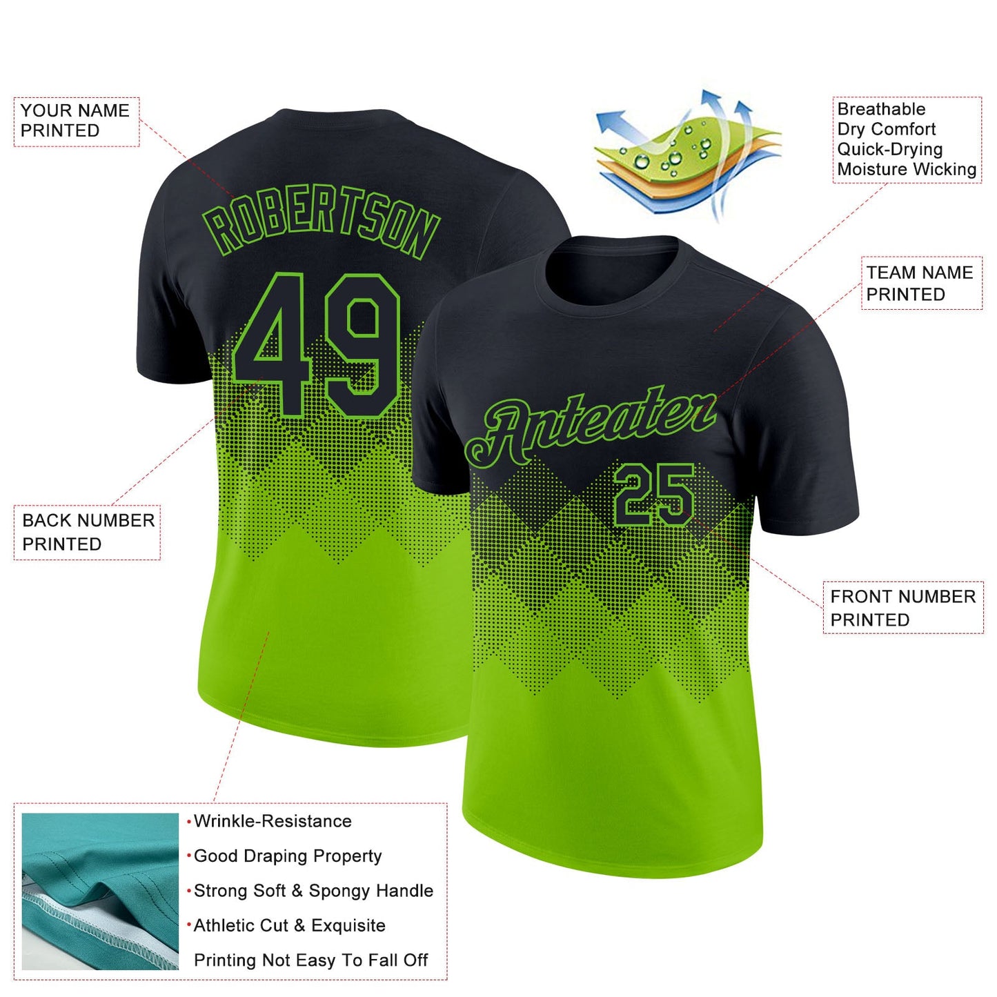 Custom Black Neon Green 3D Pattern Design Gradient Square Shapes Performance T-Shirt view 2