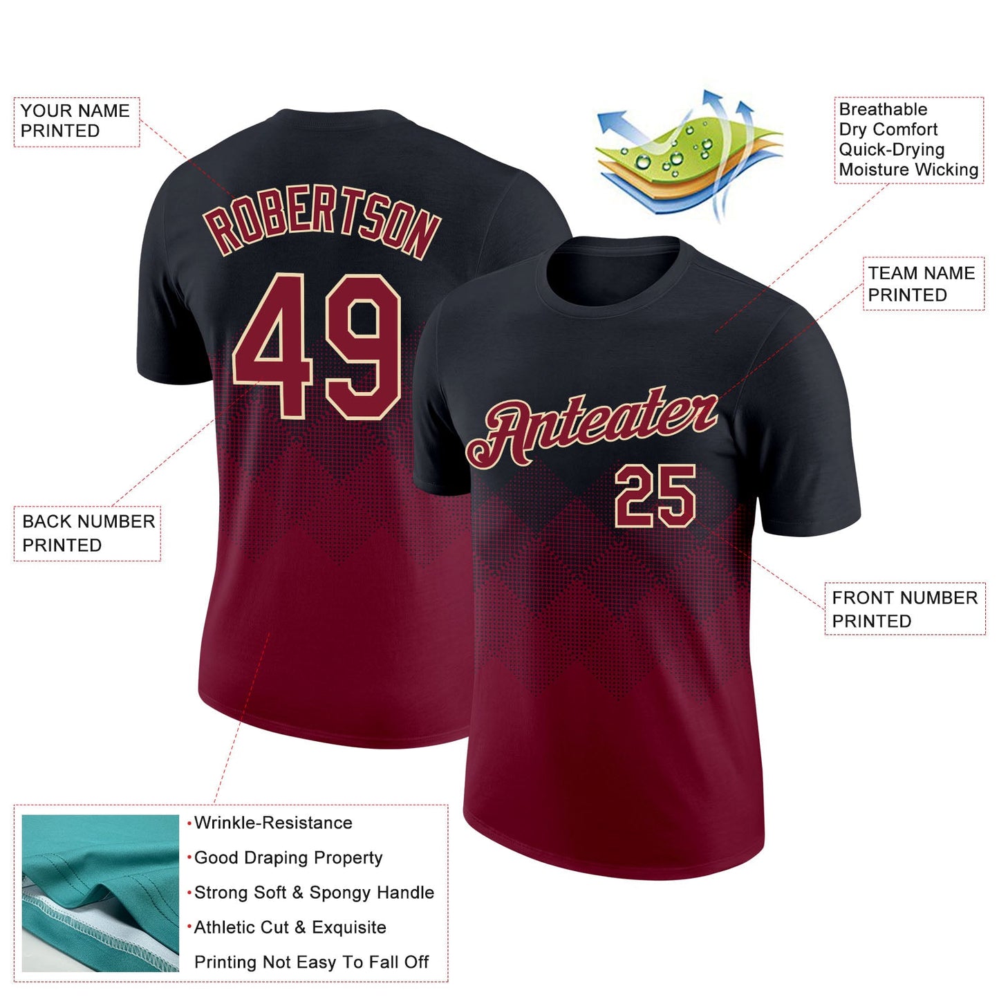 Custom Black Crimson-City Cream 3D Pattern Design Gradient Square Shapes Performance T-Shirt view 2