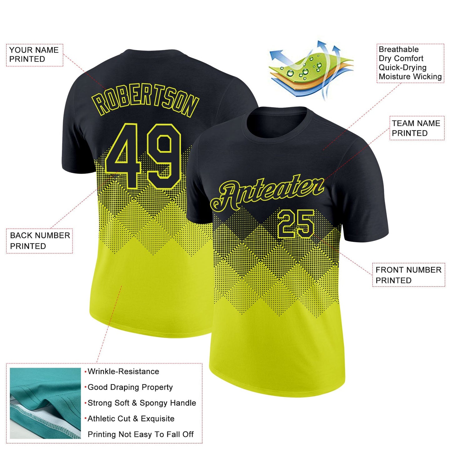 Custom Black Neon Yellow 3D Pattern Design Gradient Square Shapes Performance T-Shirt view 2