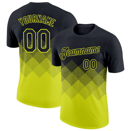 Custom Black Neon Yellow 3D Pattern Design Gradient Square Shapes Performance T-Shirt - Main View