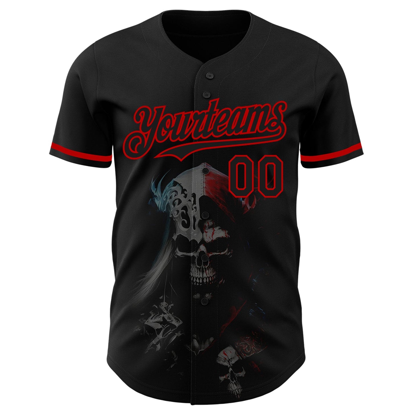 Custom Black Red 3D Skull Fashion Authentic Baseball Jersey view 3