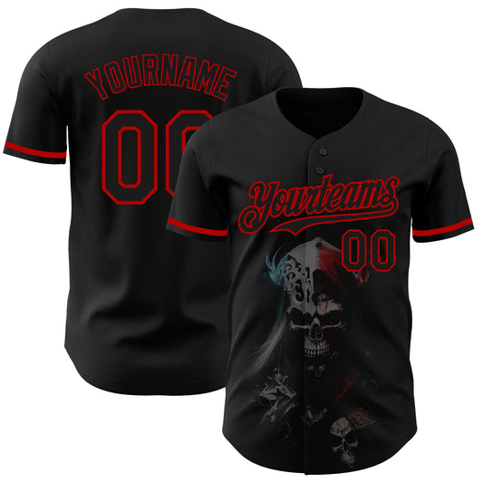 Custom Black Red 3D Skull Fashion Authentic Baseball Jersey - Main View