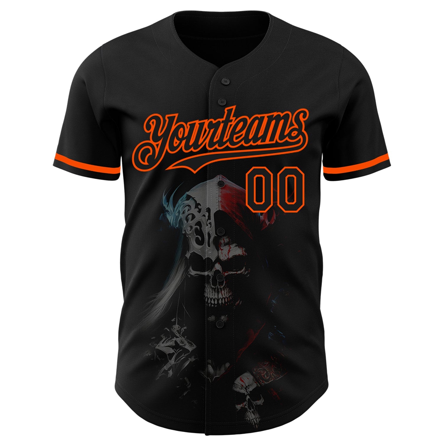 Custom Black Orange 3D Skull Fashion Authentic Baseball Jersey view 2