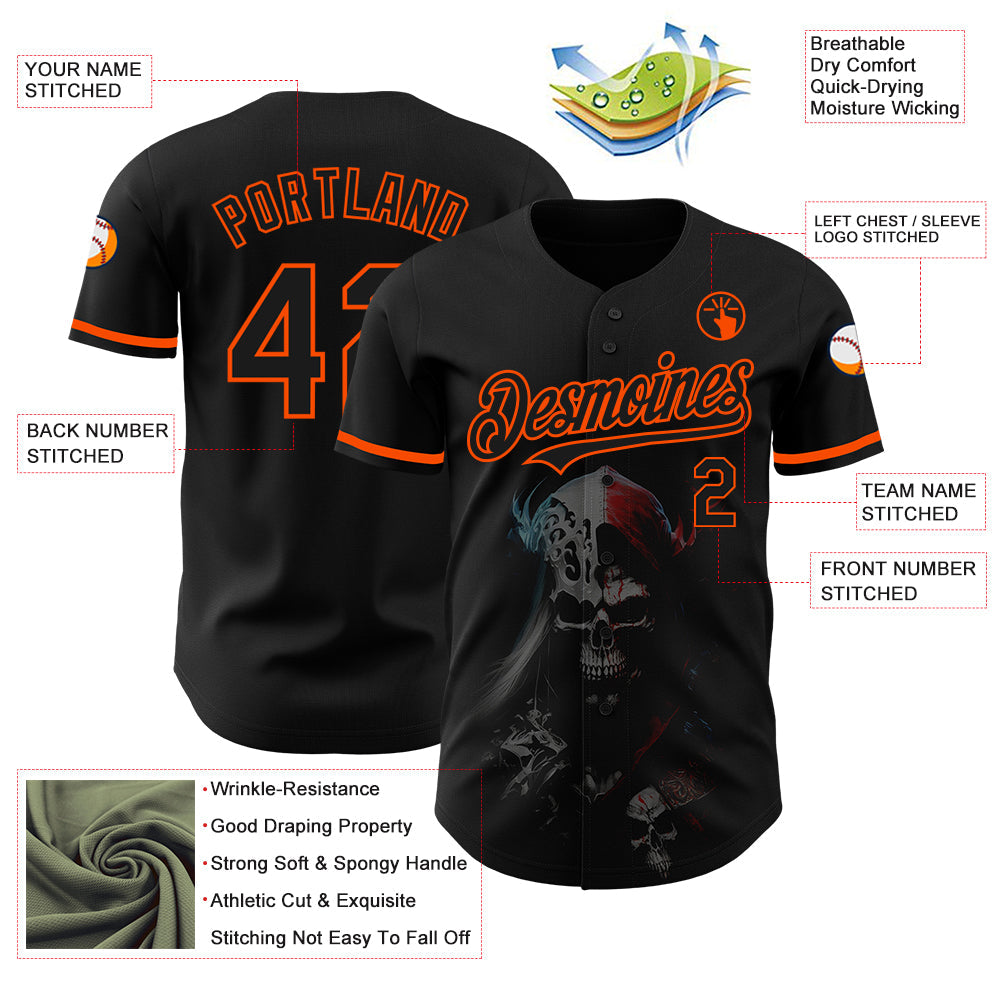 Custom Black Orange 3D Skull Fashion Authentic Baseball Jersey view 3