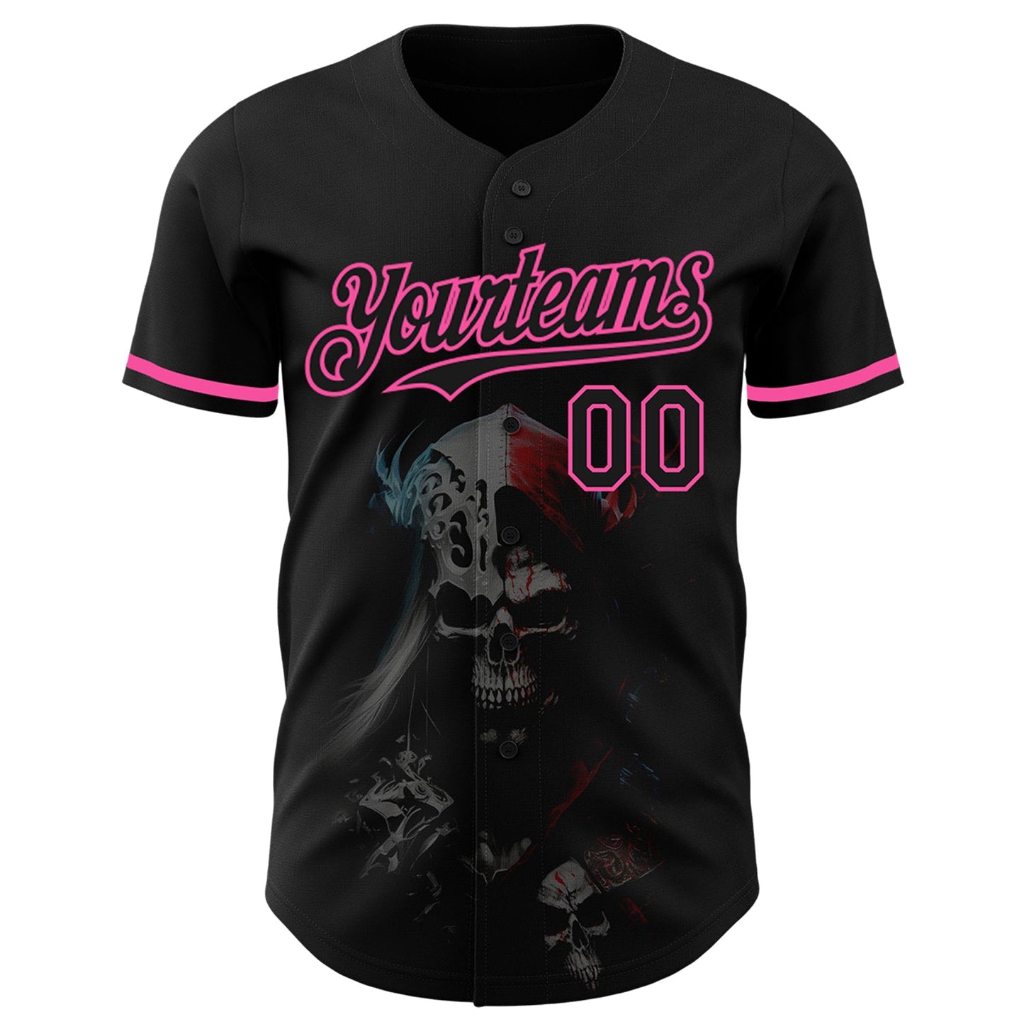 Custom Black Pink 3D Skull Fashion Authentic Baseball Jersey view 2