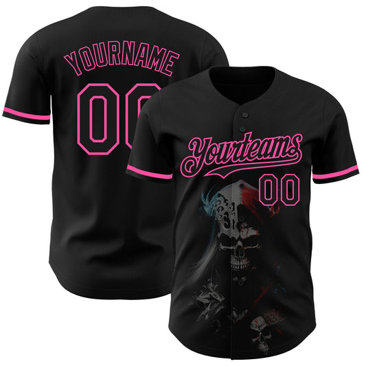 Custom Black Pink 3D Skull Fashion Authentic Baseball Jersey - Main View