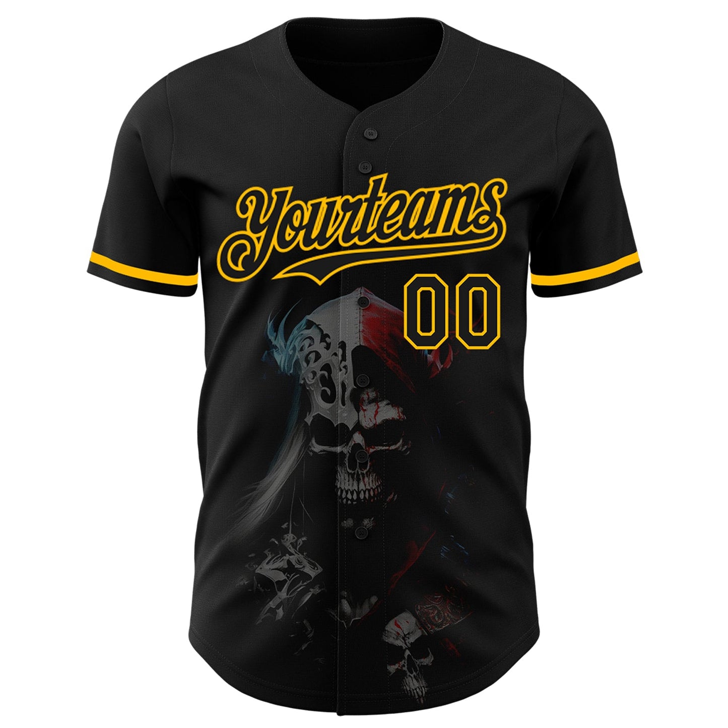 Custom Black Gold 3D Skull Fashion Authentic Baseball Jersey view 2