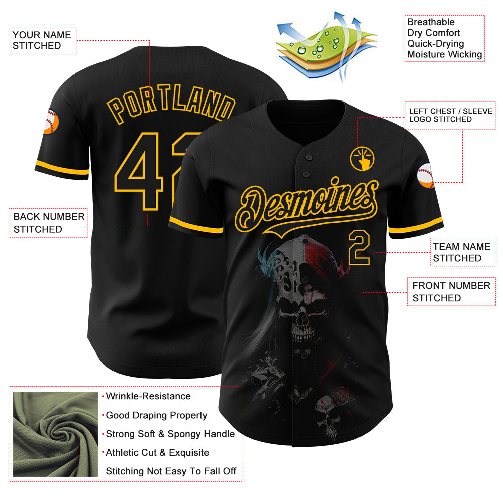 Custom Black Gold 3D Skull Fashion Authentic Baseball Jersey view 3